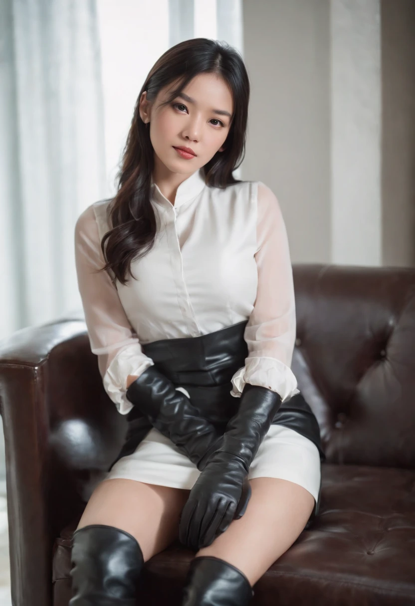 Black leather gloves with five fingers in both hands, black leather tight skirt, white blouse, black leather long boots, Japanese girl with straight black hair, sit on a leather chair with her feet aligned, both hands of leather gloves are aligned on her knees