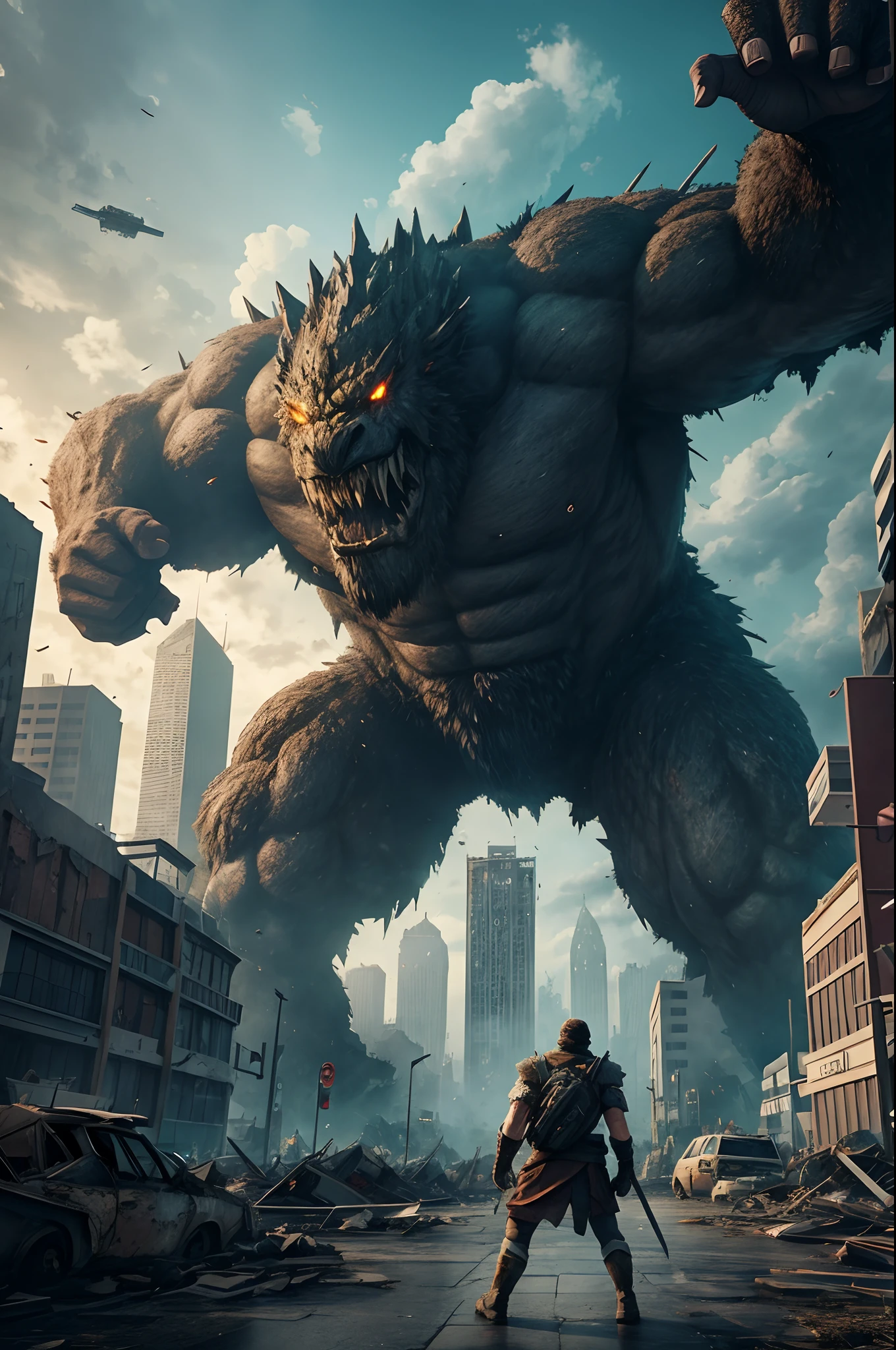 destroyed city，Giant monster，standing as a backdrop，Attack status