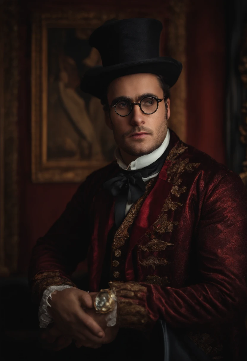 A man in a 1700's magicians outfit and black round-framed glasses crying black blood.