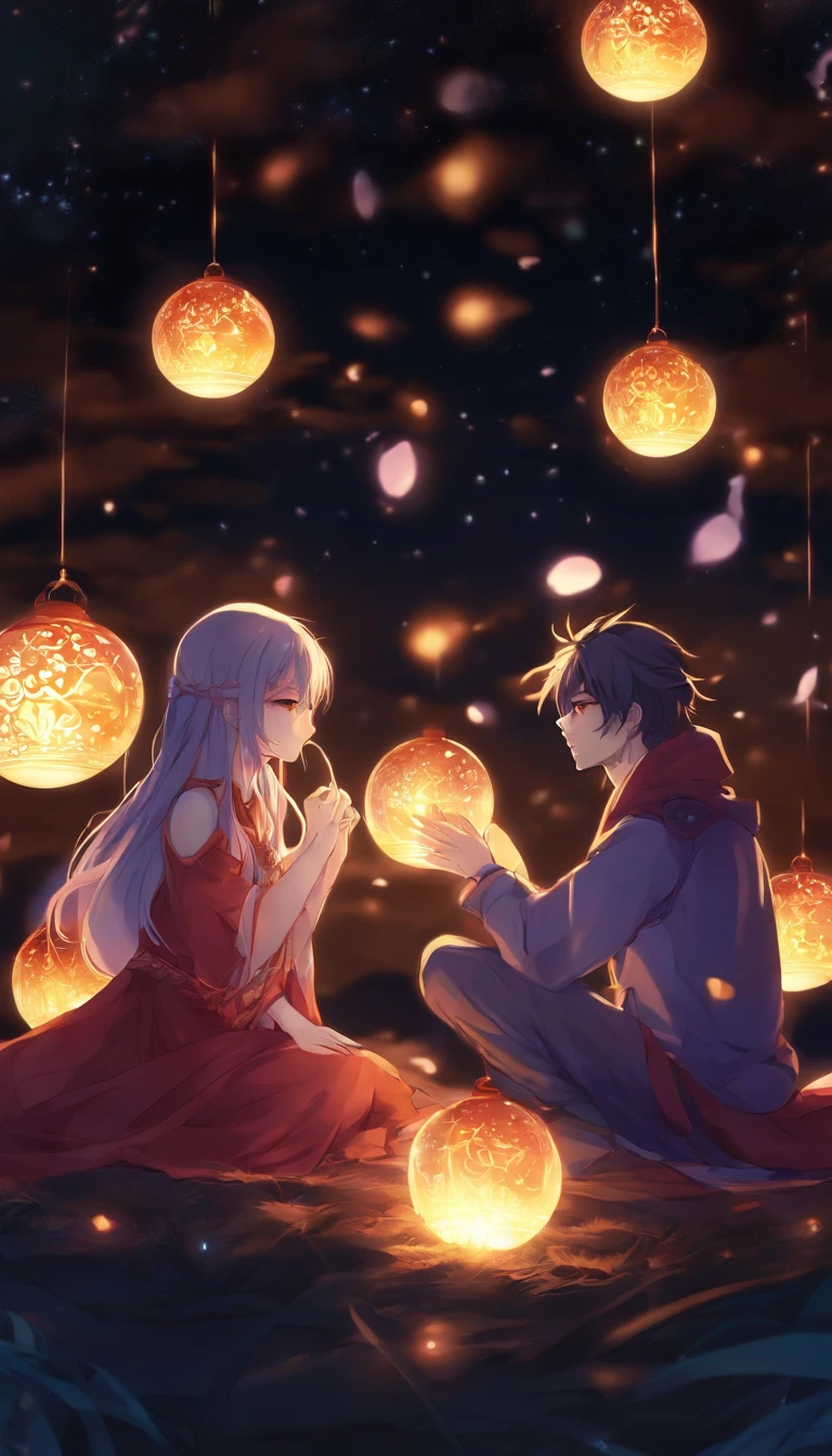 Anime couple sitting on the ground，There are glowing spheres,There are mooncakes， no game no life, beautiful fantasy anime, anime in fantasy style, zerochan art, hd anime wallaper, Anime fantasy artwork, anime wallaper, ethereal anime, Beautiful anime, Anime fantasy illustration, Beautiful anime artwork, anime artsyle, Beautiful anime art, (Comic strip layout for girls, Voice balloons, English text, Hand drawn sound effect stickers used in girl manga),