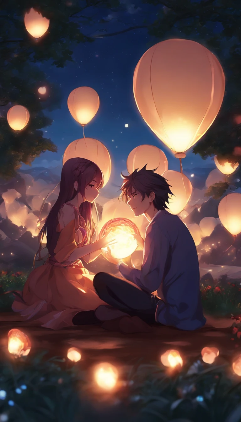 Anime couple sitting on the ground,There are glowing spheres,There are mooncakes, no game no life, beautiful fantasy anime, anime in fantasy style, zerochan art, hd anime wallaper, Anime fantasy artwork, anime wallaper, ethereal anime, Beautiful anime, Anime fantasy illustration, Beautiful anime artwork, anime artsyle, Beautiful anime art, (Comic strip layout for girls, Voice balloons, English text, Hand drawn sound effect stickers used in girl manga),