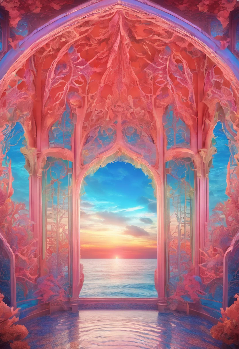 Virtual scene design, Coral art installation above the blue ocean, Rainbow gradient galvanized glass fiber, Surreal visual representation, Magnificent architecture, Unique, Intricate, Exquisite details,（blender, oc rendered, Natural light, Ray tracing, 8K）
