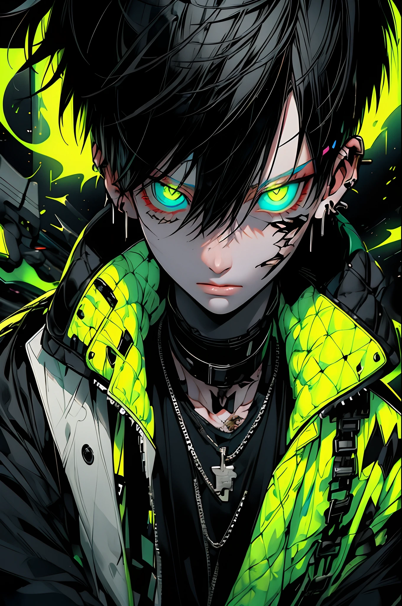 boy, white yellow hair, cool black open short jacket, tatoos, messy fade cut hair, crazy, on futuristic neon night street background,