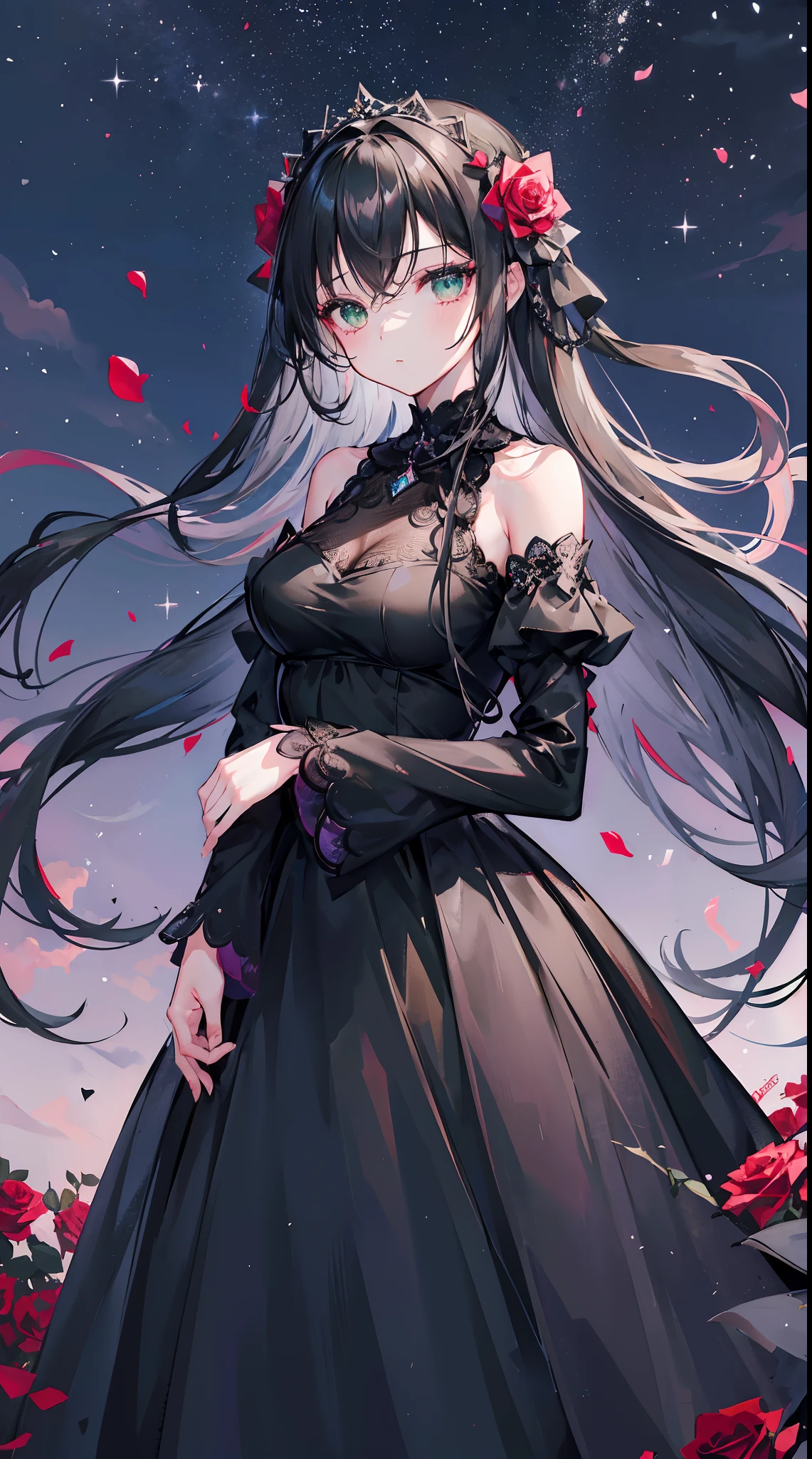 1 girl in、high-level image quality、ultra-detailliert、Long Black Hair、Hair blown in the wind、Green eyes、Delicate eyes and beautiful face、delicated face、(Rose Slender Dress)、((Black slender dress with rose decoration))、((Night sky background))、Beautuful Women, [[[multiple arms]]]