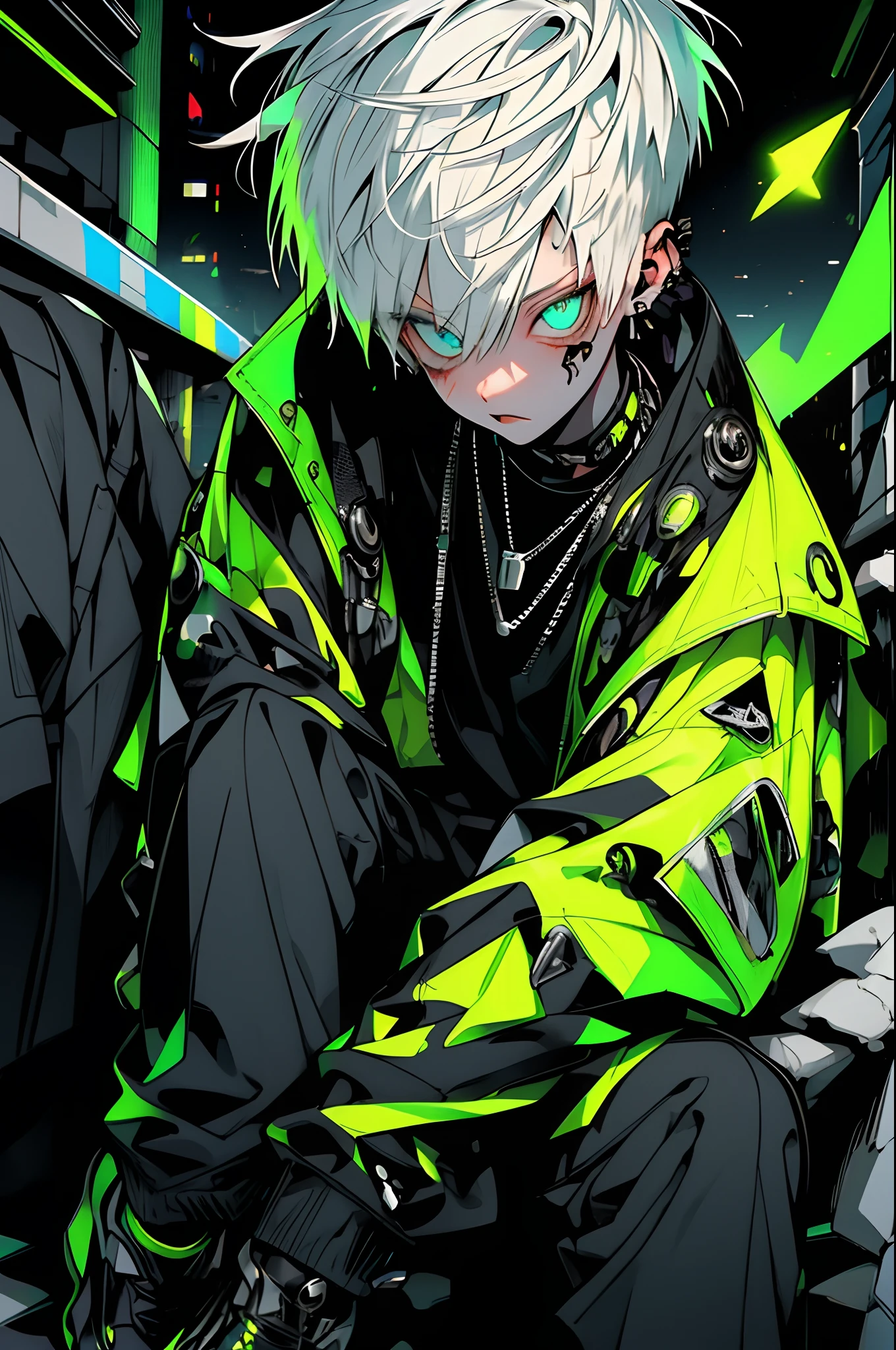 boy, white yellow hair, cool black open short jacket, tatoos, messy fade cut hair, crazy, sit pose, on futuristic neon night street background,