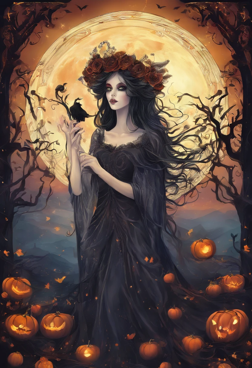 The prompt for the first theme "the goddess of Halloween" can be as follows:
"the goddess of Halloween,beautiful detailed eyes,beautiful detailed lips,extremely detailed face, long eyelashes,ethereal beauty,dark enchantress,vibrant colors,hauntingly beautiful,flowing black hair,ghostly pale skin,elaborate crown of black roses,lurking shadows,mystical aura,moonlit night,whimsical background,ethereal presence,gothic theme,photorealistic,horrifyingly beautiful,supernatural essence,highres:1.2,hauntingly detailed,HDR,spooky aesthetic"
Please note that this is just one possible version of the prompt. You can customize it further or add additional details if needed.