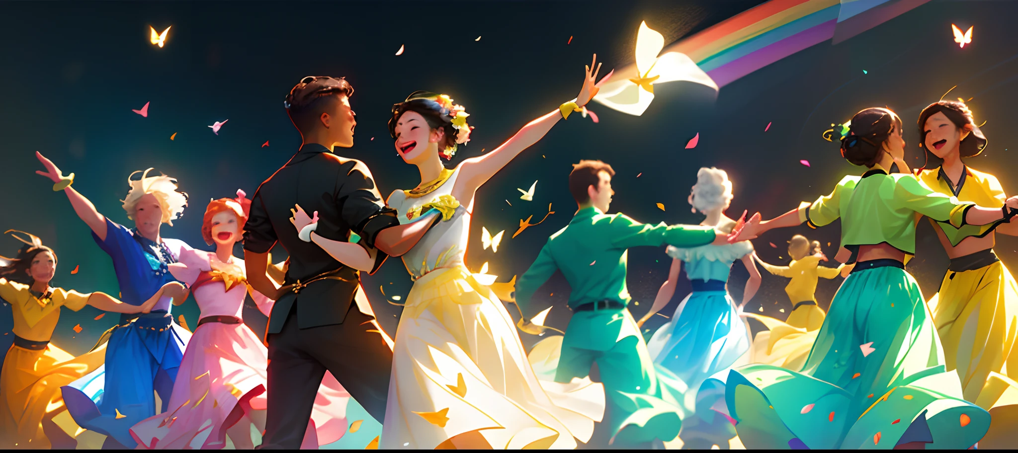 (Best Quality, Masterpiece), 6 characters , party, festival, (multicultural group of young people dancing). smiling, relaxing, carefree, fun, uninhibited, particles, wind, flowers, butterflies, bunting, spotlight, rainbow, background is modern times, --v 6