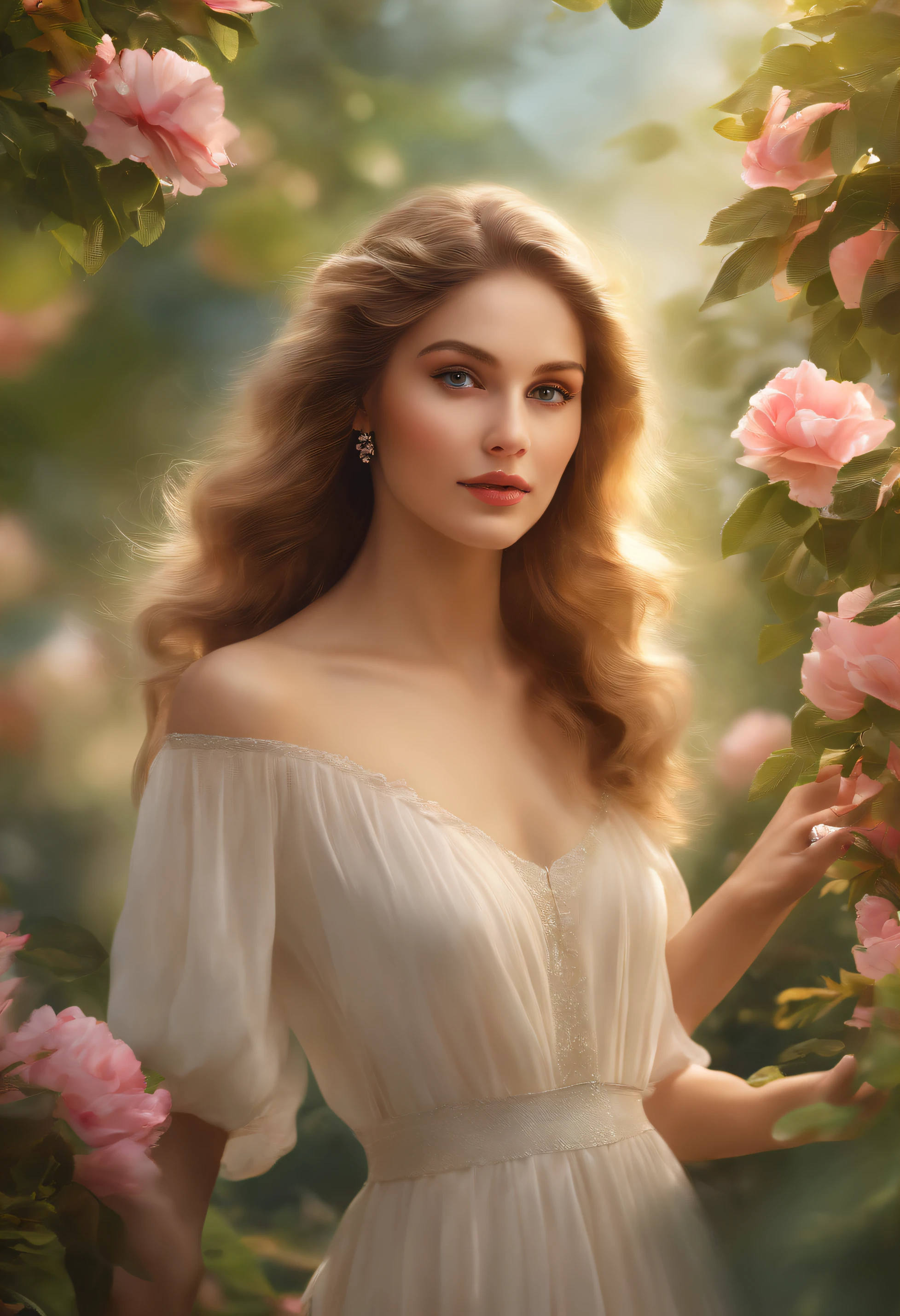 (best quality,4k,8k,highres,masterpiece:1.2),ultra-detailed,(realistic,photorealistic,photo-realistic:1.37),beautiful,energetic, vibrant girl, with flawless skin, bright expressive eyes,(long eyelashes:1.1) and naturally pink lips, immersed in a lush garden, surrounded by blooming flowers and vibrant greenery. The girl is wearing a flowing, ethereal dress, which perfectly complements the natural beauty of the scene. The sunlight gently filters through the leaves and casts a warm, golden glow on the girl's face, creating a serene and dreamlike atmosphere. The painting exhibits a mix of traditional oil painting techniques and modern digital rendering, resulting in a mesmerizing blend of textures and colors. The use of vibrant and harmonious colors adds a touch of fantasy and enchantment to the artwork, evoking a sense of joy and youthfulness. The composition and perspective of the painting accentuate the girl's elegance and grace, while the fine details capture her lively and spirited nature. Overall, the artwork exudes a sense of timeless beauty and captures the essence of youth and vitality.