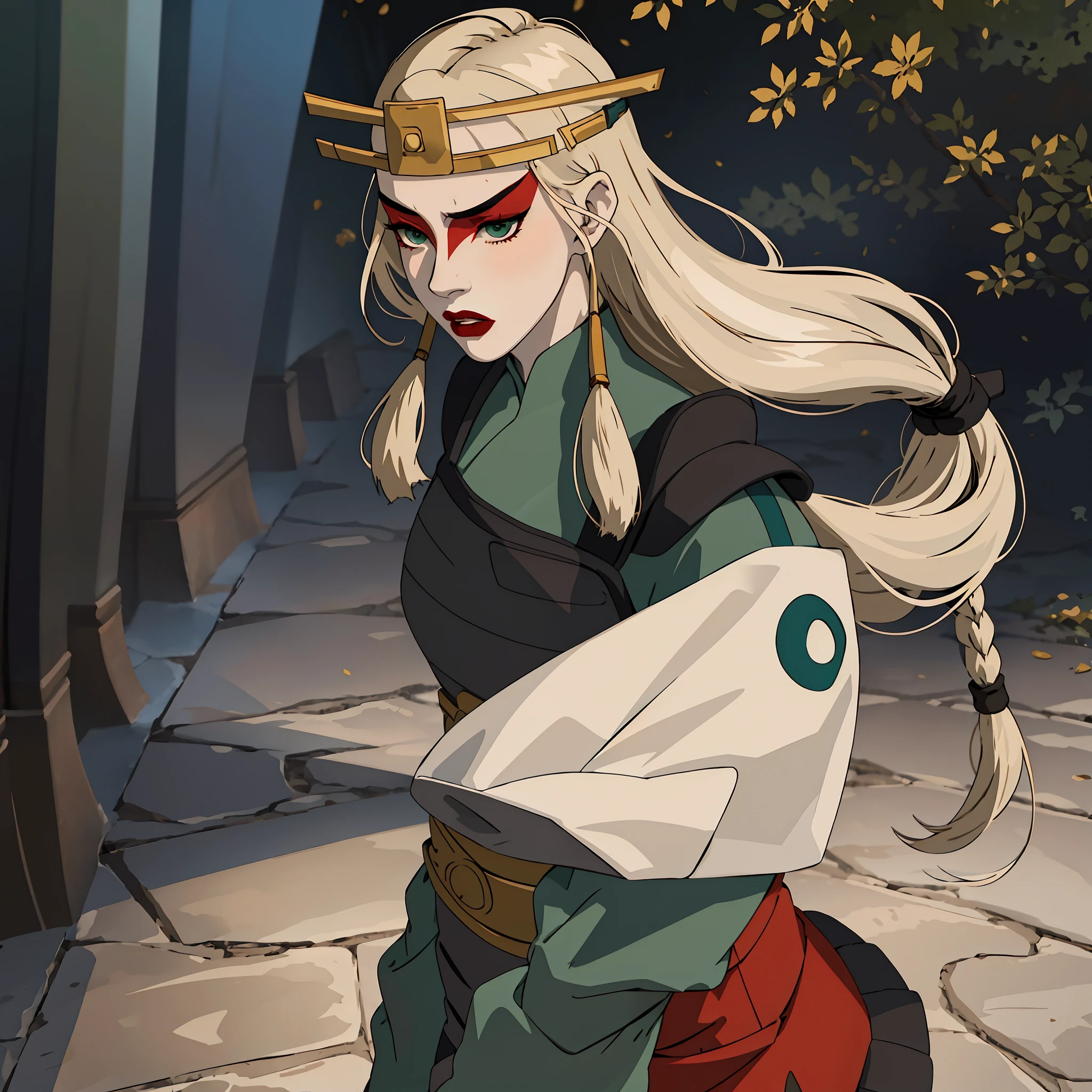 (masterpiece:1.2, best quality), (real picture, intricate details), 1lady, solo, whole body, heavy makeup, white face, red lipstick, red eyeshadow, natural fabrics, close-up body, full body, serious, warrior, female warrior, armour, long platinum blonde hair, green eyes, Kyoshi uniform, Kyoshi makeup, Kyoshi Warrior (Avatar the Last Airbender), (solo), (1girl), (close-up body), (solo, 1girl), (long platinum blonde hair), (long hair), (really long hair), (green eyes), (solo), (1girl)