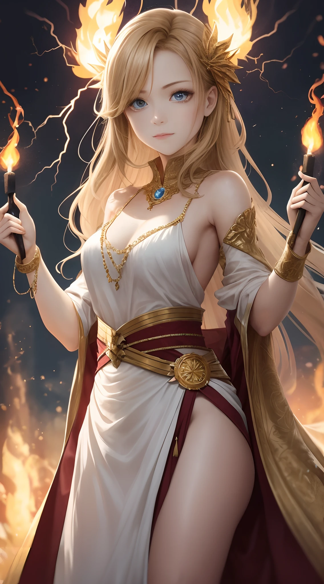 Behold、One woman is wearing linen、She stood with a pure gold belt fastened around her waist.,The body is like a jewel、The face is like lightning、My eyes were like the flames of torches.、The arms and legs are like polished bronze、The talking voice is、That's a lot of people々It was like the voice of.