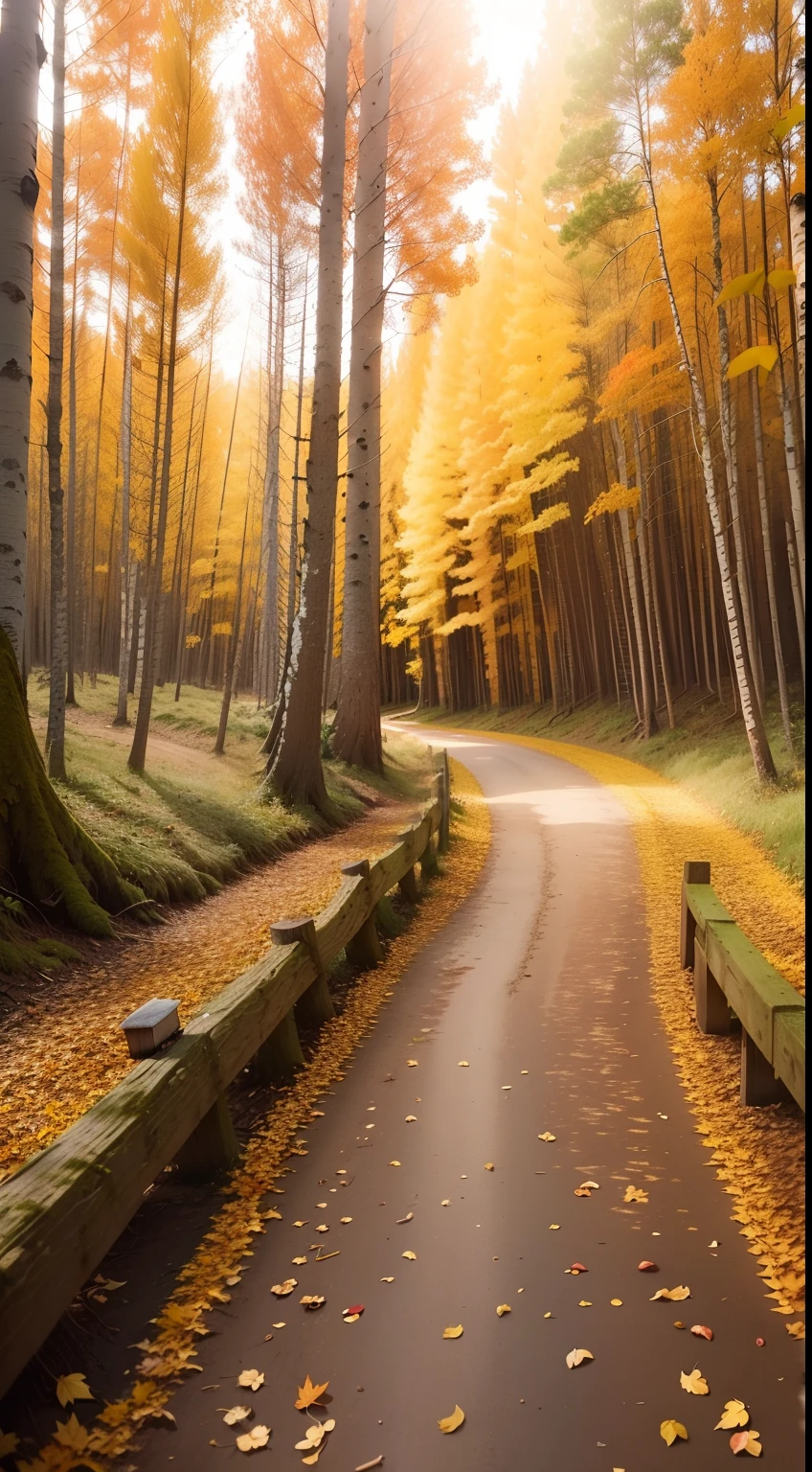 autumnal, The sun rises, In the woods,Birch,White bark, Yellow leaves,The ground was covered with fallen leaves,  There are small squirrels on the ground，Boardwalk,Bright environment, Asaka sky,Natural scenery, real footage, Camera shot,f/1.2 Wide angle lens,Low camera position,--AR 9:16 --q 2