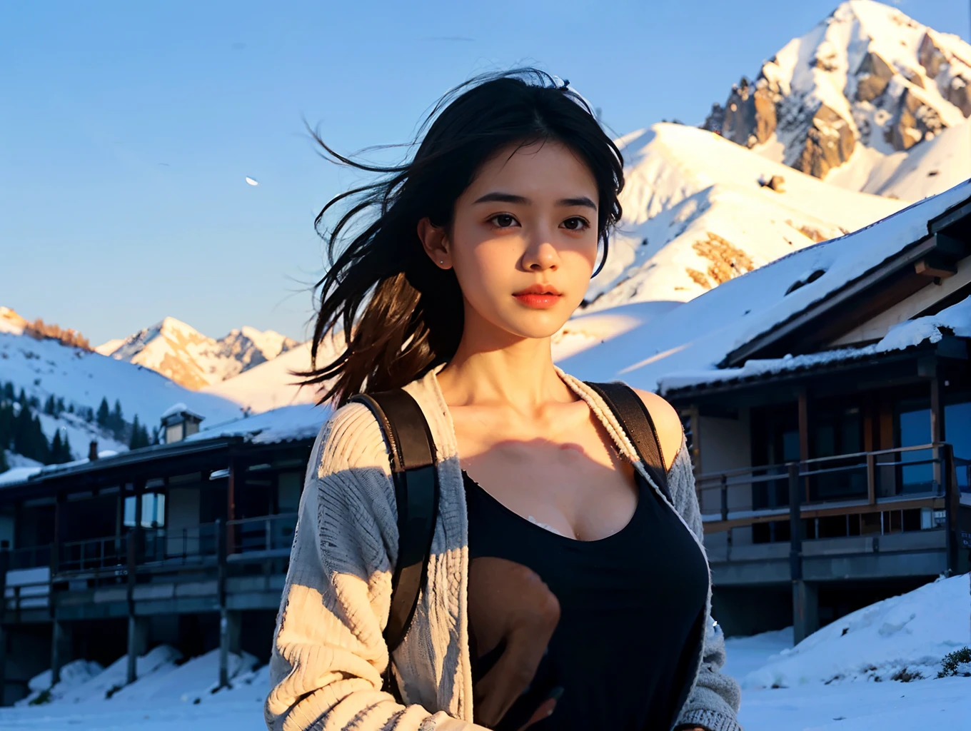 1girll ,Deep V shorts, ultra - detailed, Bust photo, exteriors, snow mountains, backpacks, mitts, smog, shadowing, to contrast, sunny clear sky, filmgrain,a warm color palette, closeup cleavage, cinematric light, 超高分辨率, Best shadow, Masterpiece,high detal,