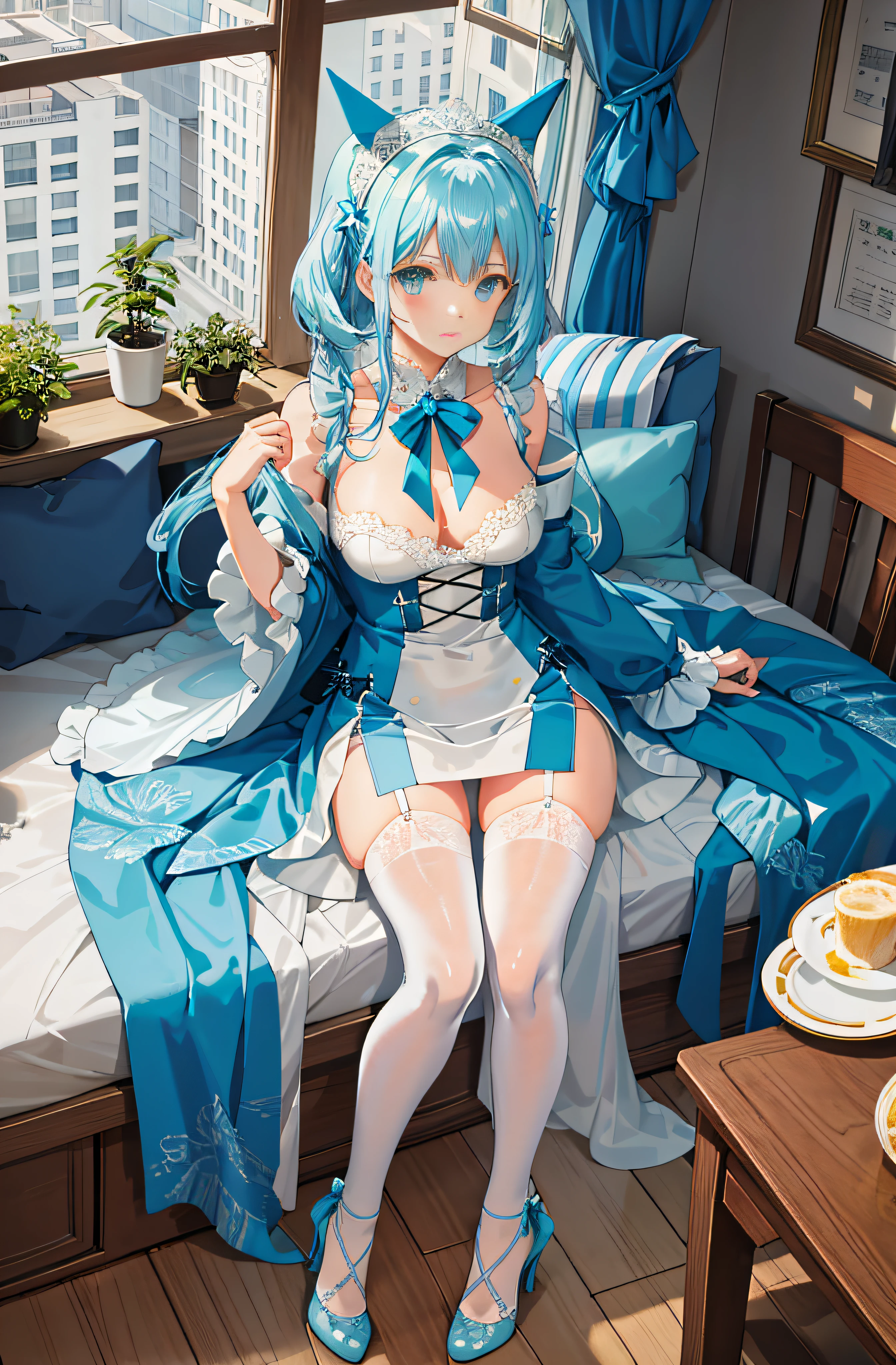 Pure white lace translucent dress,Moist clothes,Stockings reflective,Hair without ribbons,Light blue feet naked lace-up heels,Underwear moist strengthened,Stockings reflect reinforcement,Lewd expression,Show off lace panties,short detailed hair