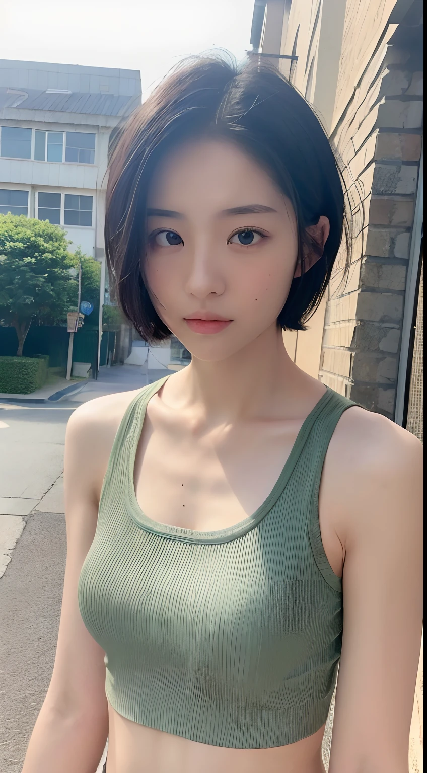 ((Best Quality, 8K, masutepiece :1.3)), Sharp Focus :1.2, Perfect figure beautiful woman:1.4, Slim abs:1.2, ((Short hair in layers:1.2)), (tanktop shirt:1.1 ), (the street:1.2), Highly detailed facial and skin texture, A detailed eye, 二重まぶた