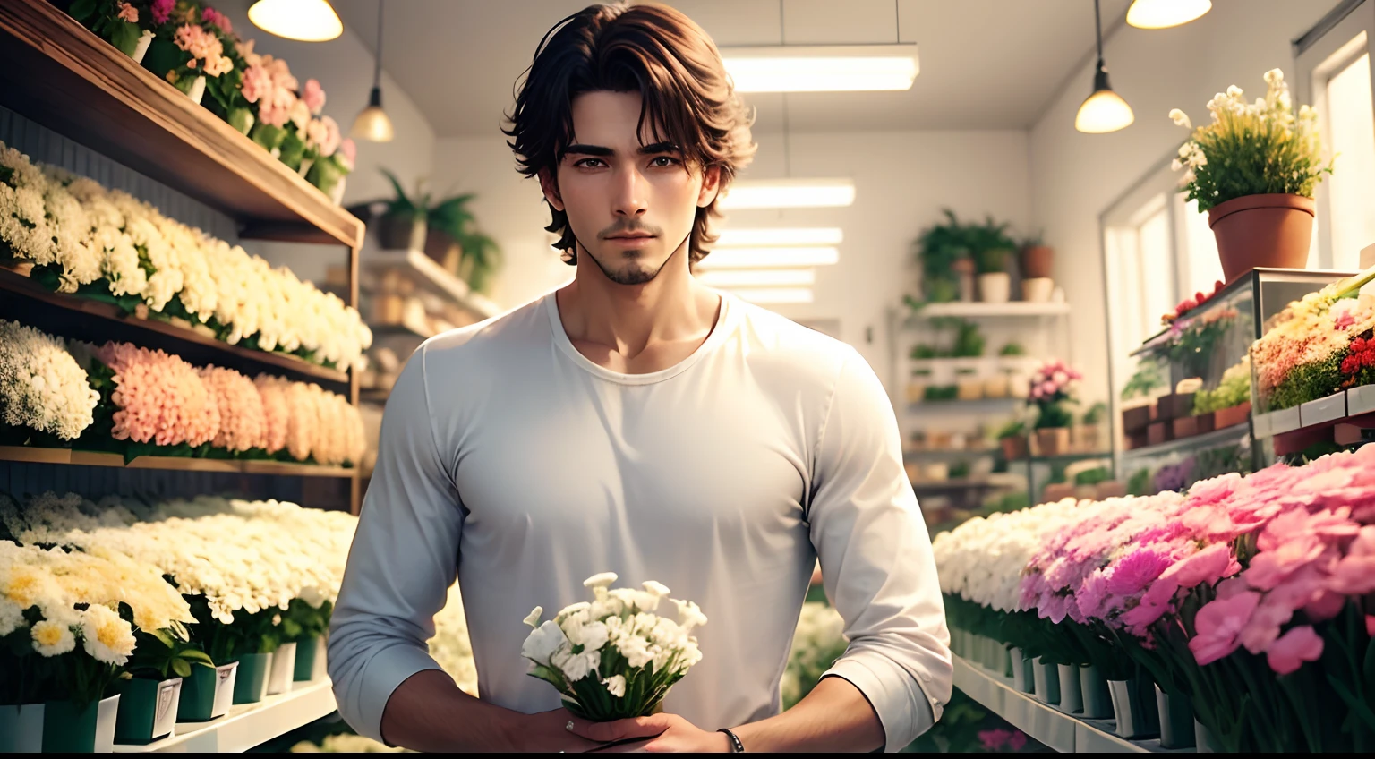 un hombre, in a flower shop, con remera blanca, muchas flores
