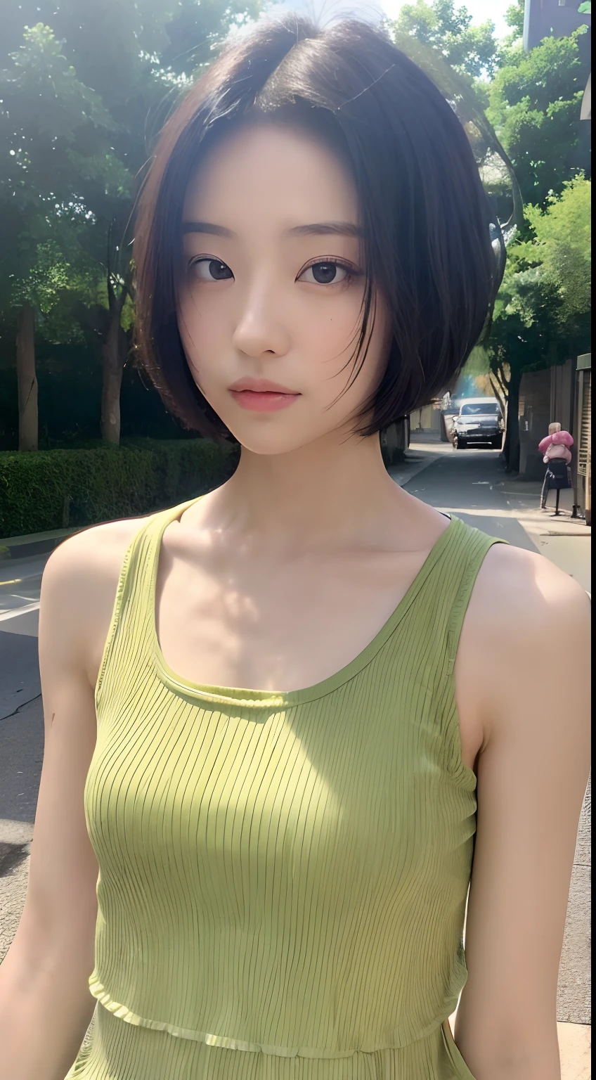 ((Best Quality, 8K, masutepiece :1.3)), Sharp Focus :1.2, Perfect figure beautiful woman:1.4, Slim abs:1.2, ((Short hair in layers:1.2)), (tanktop shirt:1.1 ), (the street:1.2), Highly detailed facial and skin texture, A detailed eye, 二重まぶた