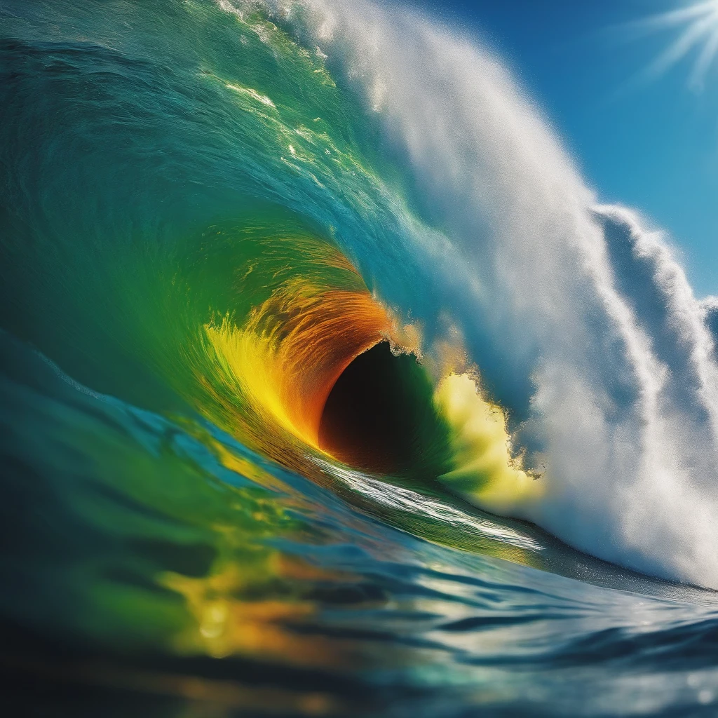 ((Masterpiece)), ((Best quality)), 8K, high detal, Ultra-detailed,
Surfers ride the huge waves, Local close-up,Colorful water splashes cover the shot, Form a spectacular rainbow. water droplets sparkling in the sunlight, Create mesmerizing games of light and color
