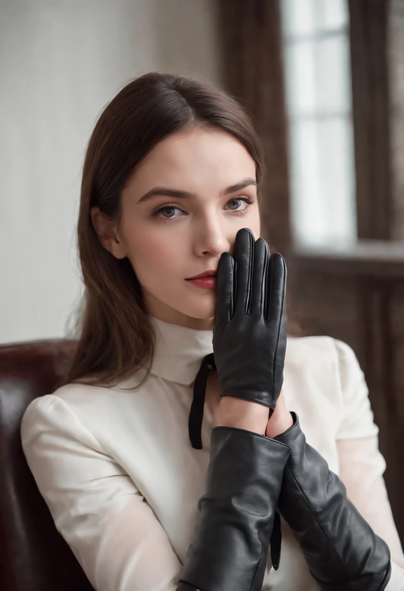 Black leather gloves with five fingers in both hands, black leather tight skirt, white blouse, black leather long boots, sit with feet aligned on a leather chair, both hands of leather gloves are aligned on the knees, American young actress with hair tied