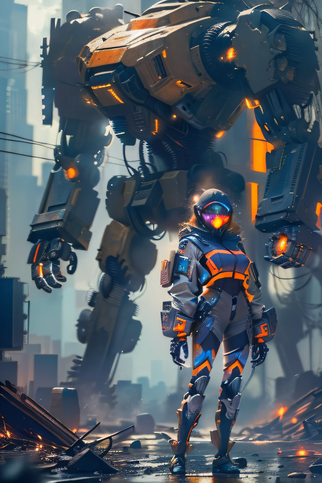 In the ruins of a city, a beautiful girl stands in front of her mech. The girl is only one-fifth the height of the mech. (best quality, 1080P), cyberpunk, detailed mech with glowing neon lights, debris scattered on the ground, girl wearing a futuristic suit, background with towering skyscrapers and crumbling buildings, dark and moody atmosphere, rain pouring down, sparks flying from the mech's joints, intense and dynamic pose, vibrant colors, dramatic lighting effects.