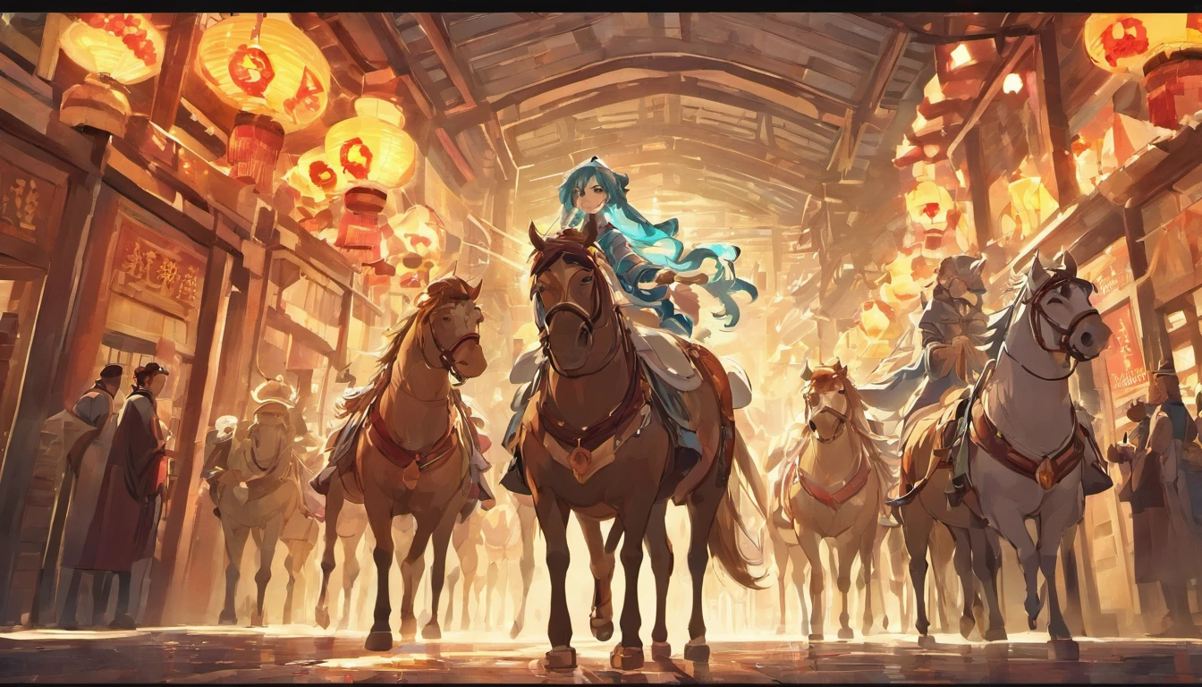 A bustling ancient Chinese city，Four tall horses pulling a carriage are slowly approaching，4K，super-fine，tmasterpiece，high qulity，Facing the lens，ultra-wide-angle