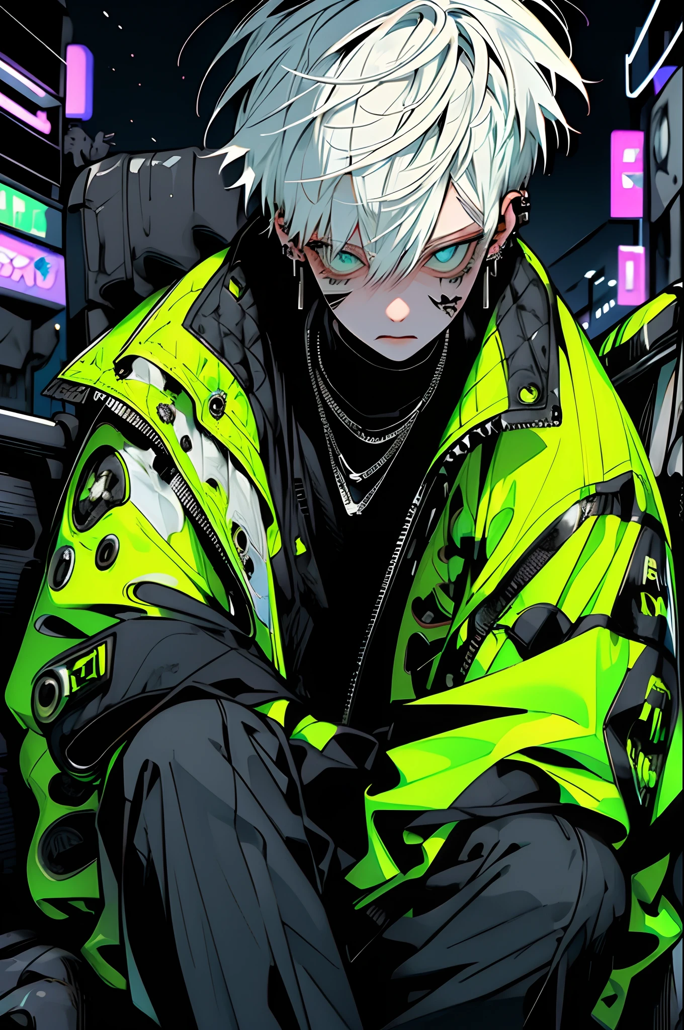 boy, white yellow hair, cool black open short jacket, tatoos, messy fade cut hair, crazy, sit pose, on futuristic neon night street background,