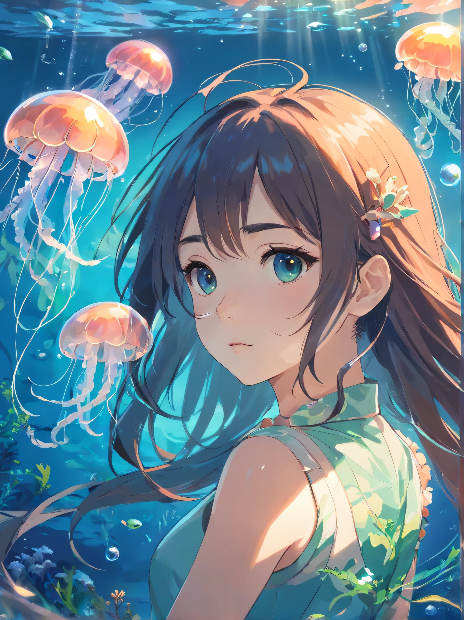 ((masterpiece,best quality)),(negative space:1.2),(1girl, solo:1.4),beautiful detailed eyes,floating hair, underwater, bubble, fish, (jellyfish), fluorescence,sea turtle, seaweed,