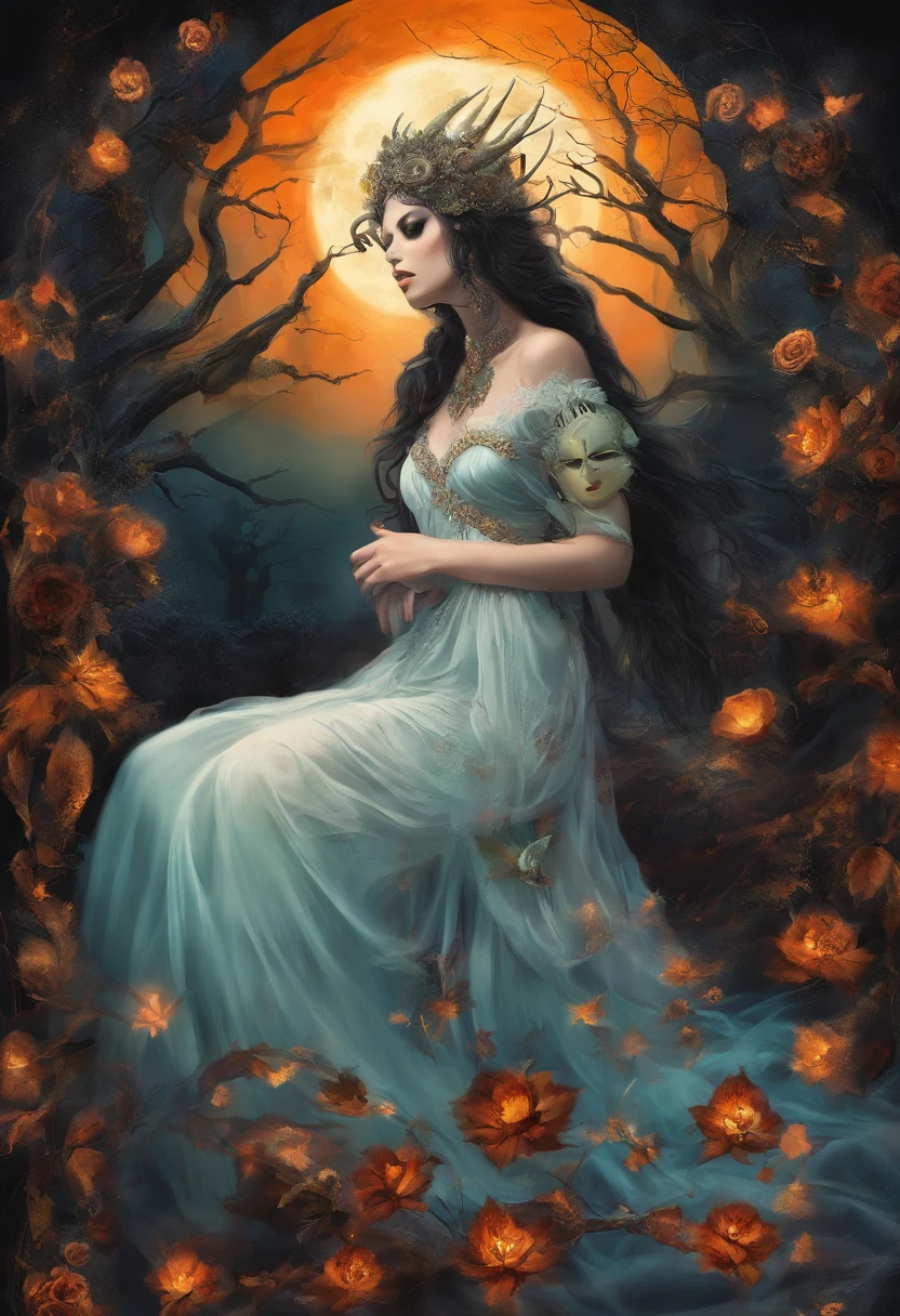 The prompt for the first theme "the goddess of Halloween" can be as follows:
"the goddess of Halloween,beautiful detailed eyes,beautiful detailed lips,extremely detailed face, long eyelashes,ethereal beauty,dark enchantress,vibrant colors,hauntingly beautiful,flowing black hair,ghostly pale skin,elaborate crown of black roses,lurking shadows,mystical aura,moonlit night,whimsical background,ethereal presence,gothic theme,photorealistic,horrifyingly beautiful,supernatural essence,highres:1.2,hauntingly detailed,HDR,spooky aesthetic"
Please note that this is just one possible version of the prompt. You can customize it further or add additional details if needed.
