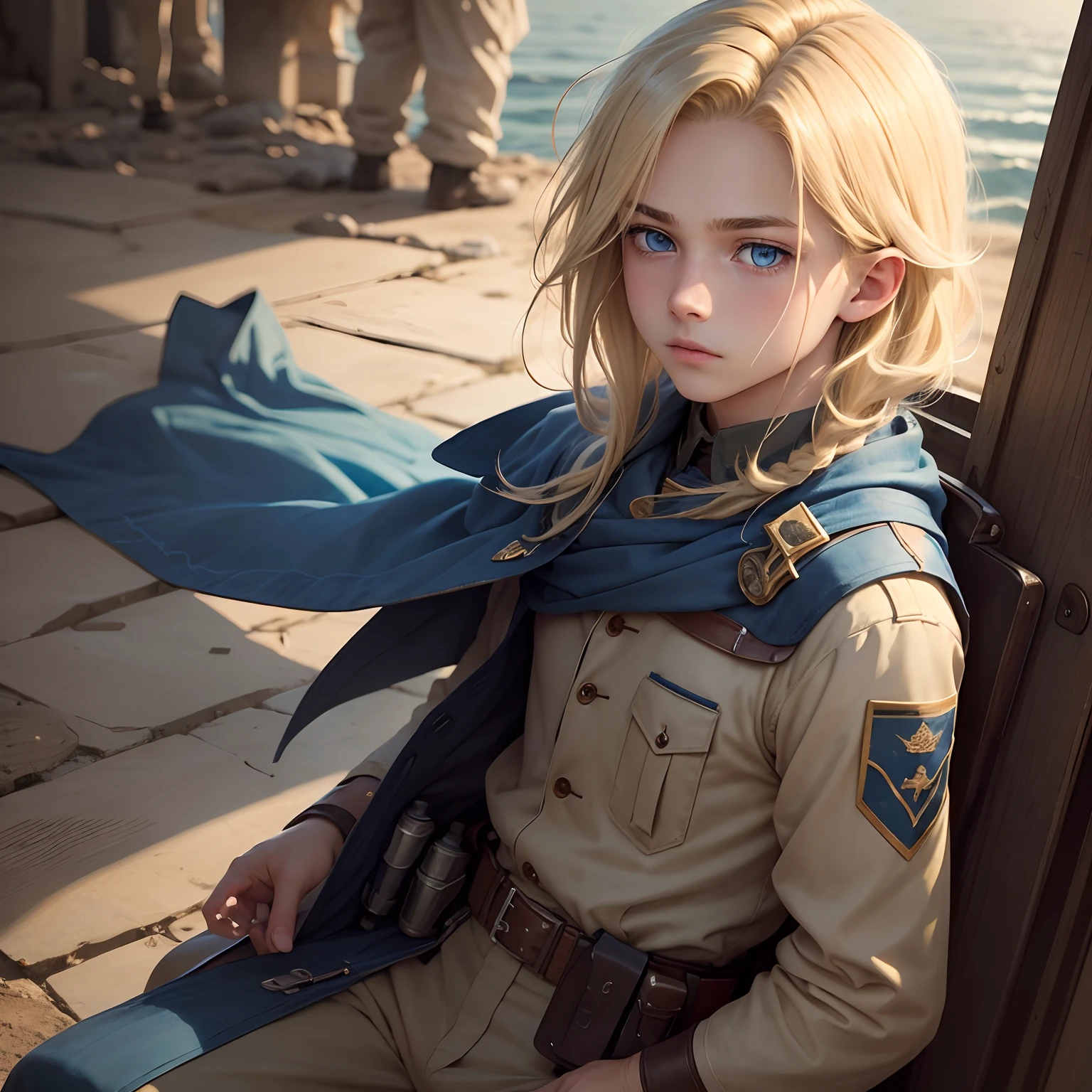 A 15 year old boy, (blonde hair, shoulder length hair parted in the middle), (blue eyes), (war clothes), serene look.