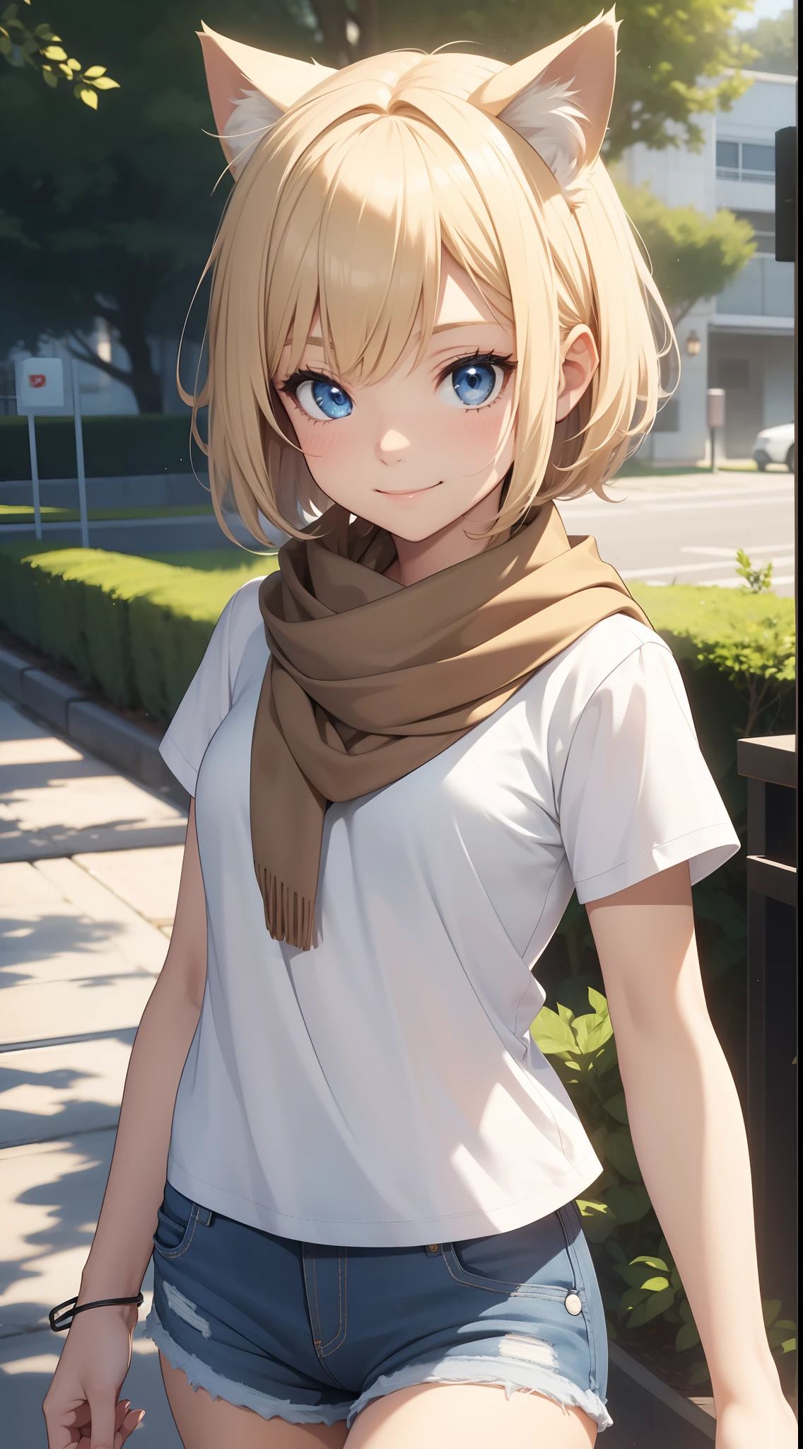 young girl, short blonde hair, cat ears, blue eyes, Smile, white tshirt, brown shorts, a scarf, Masterpiece, hiquality, 4k, HD, Good detail