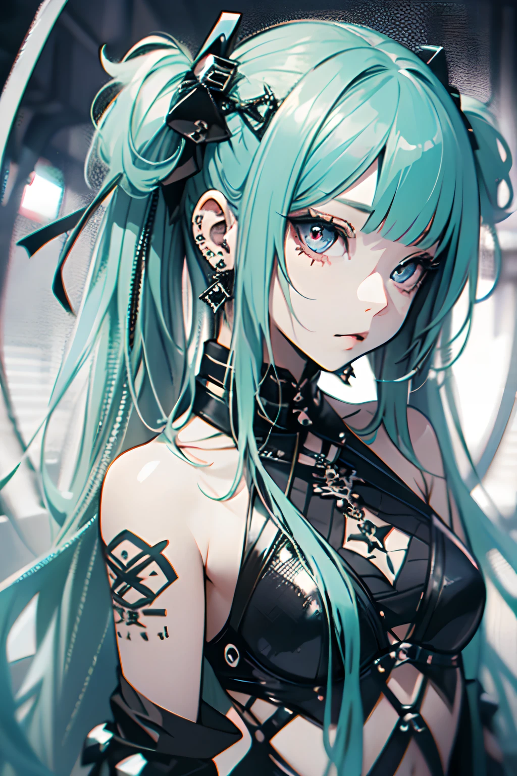 Green hair、miku hatsune、Twin-tailed、piercings、耳Nipple Ring、The tattoo、goth_punk, 1girl in, 独奏,、top-quality, Photorealistic, An ultra-fine illustrations, beautiful attractive anime girl, miku hatsune, Slender body, Tied hair, one girls, a photo of girl, Full body shot, Beautiful blue eyes, Turned,耳Nipple Ring、hair adornments、jewely、