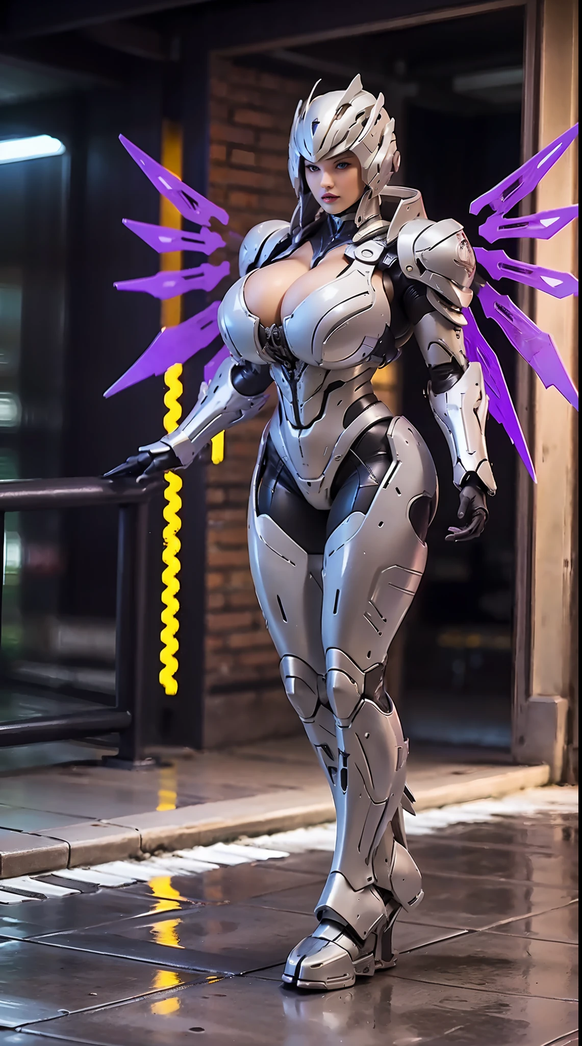 HUGE BOOBS, MECHA ARMOR FULL SUIT, (CLEAVAGE), (A PAIR LARGEST WINGS), TRANSPARANT, TALL LEGS, STANDING, SEXY BODY, MUSCLE ABS.