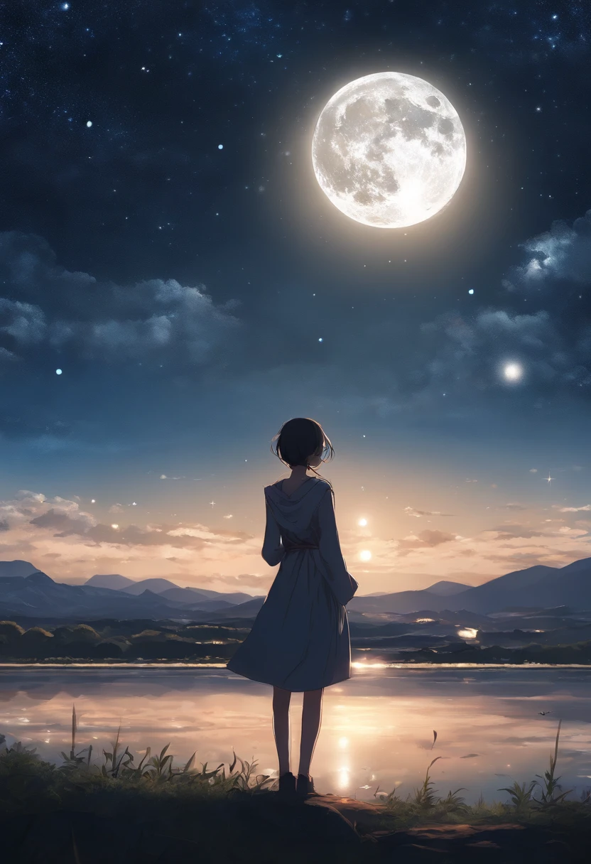 Highly concentrated beauty,Across the sky, Starry Moon Painting, concept art inspired by Tosa Mitsuoki, Pixiv competition winner, Best quality, Fantasy art, beautiful anime scenes, A bright moon, Starry sky environment in moonlight, Dream painting, Anime background art, dream scenery art, Fantastic night, anime backgrounds, background artwork, dreamlike art, Atmospheric anime, Starry sky, Detail enhancement.