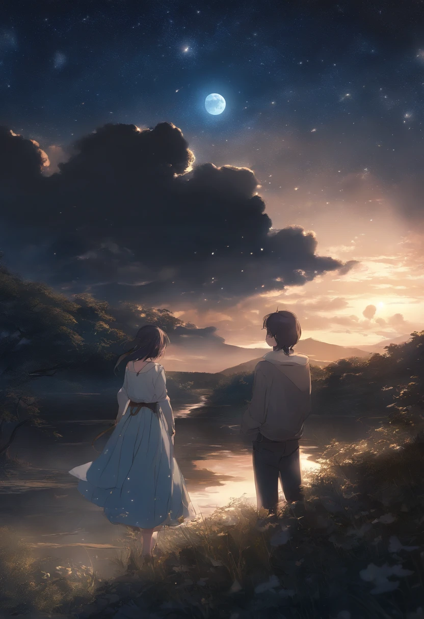 Highly concentrated beauty，Across the sky, Starry Moon Painting, concept art inspired by Tosa Mitsuoki, Pixiv competition winner, Best quality, Fantasy art, beautiful anime scenes, A bright moon, Starry sky environment in moonlight, Dream painting, Anime background art, dream scenery art, Fantastic night, anime backgrounds, background artwork, dreamlike art, Atmospheric anime, Starry sky, Detail enhancement.