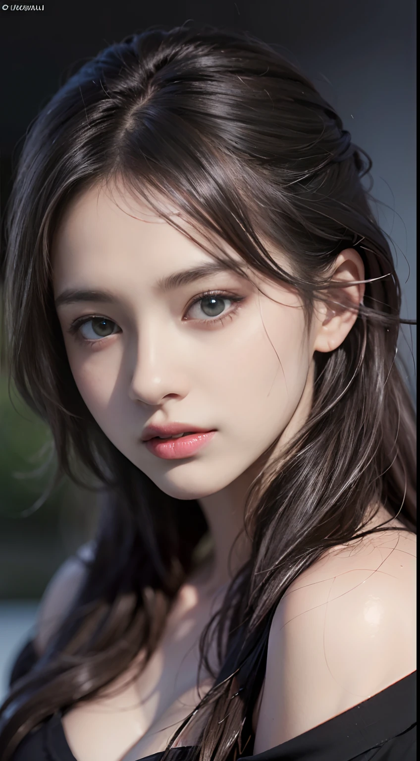 Best quality, masterpiece, ultra high res, (photorealistic:1.4), raw photo, 1girl, offshoulder, in the dark, deep shadow, low key, cold light