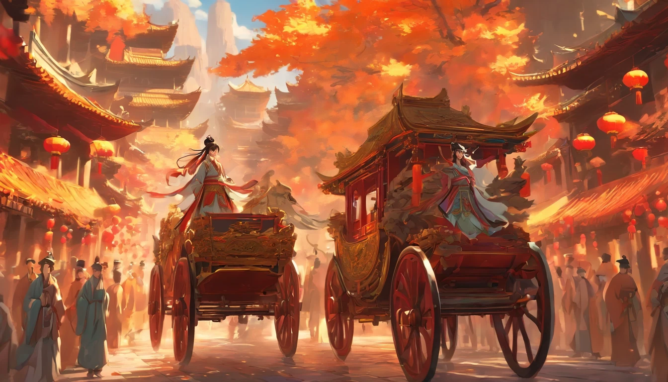 A bustling ancient Chinese city，A carriage is slowly approaching，4K，super-fine，tmasterpiece，high qulity，Facing the lens，ultra-wide-angle