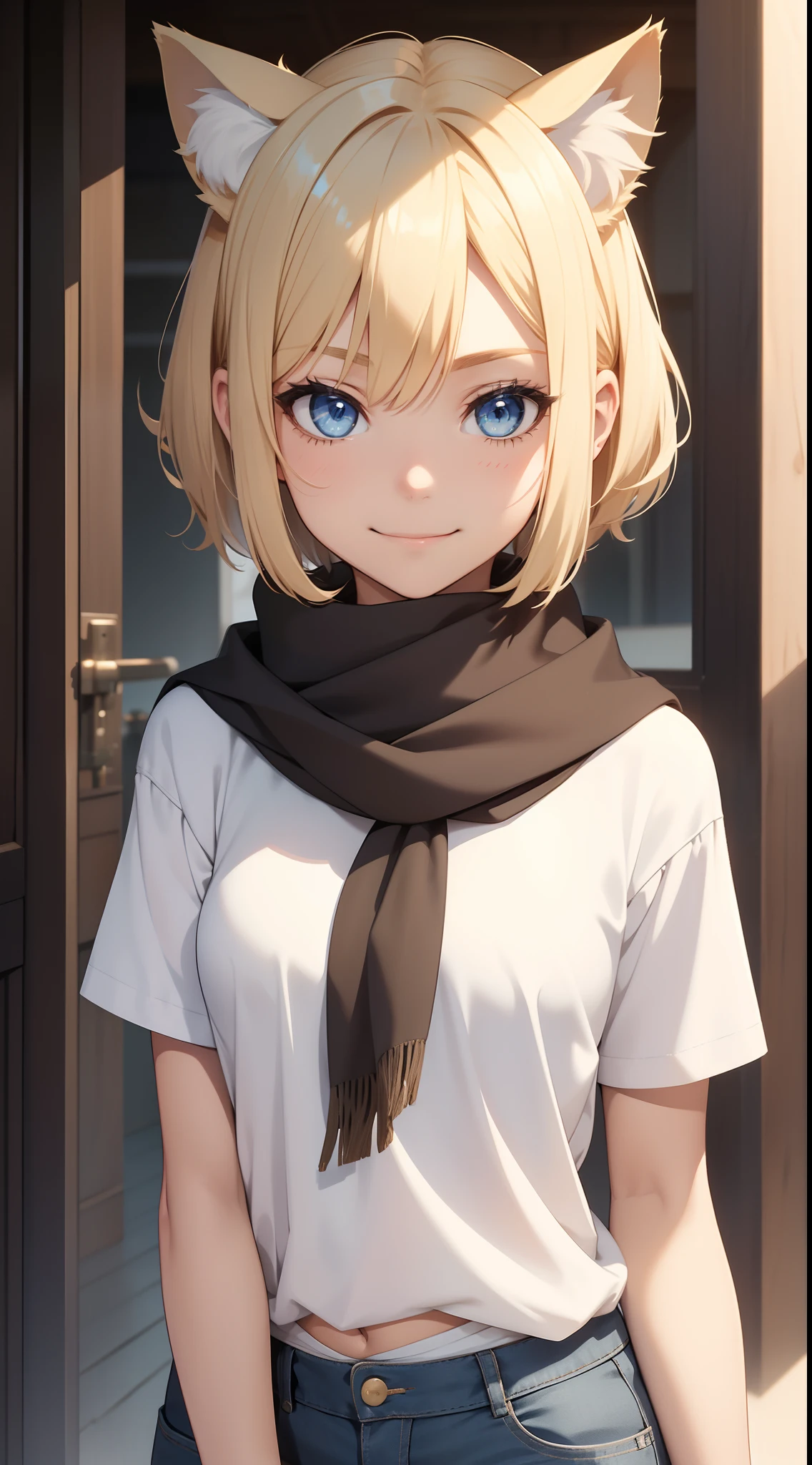 young girl, short blonde hair, cat ears, blue eyes, Smile, white tshirt, brown shorts, a scarf, Masterpiece, hiquality, 4k, HD, Good detail