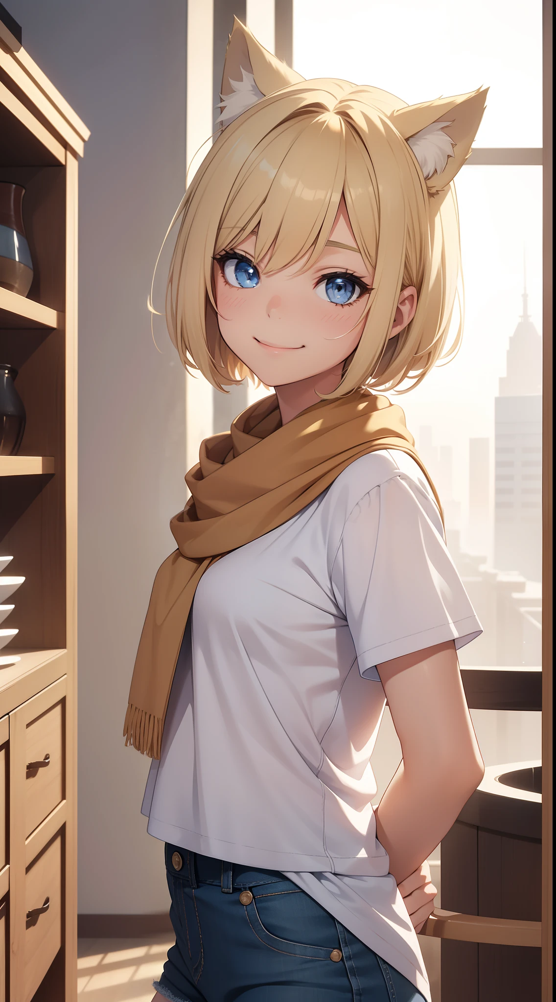 young girl, short blonde hair, cat ears, blue eyes, Smile, white tshirt, brown shorts, a scarf, Masterpiece, hiquality, 4k, HD, Good detail