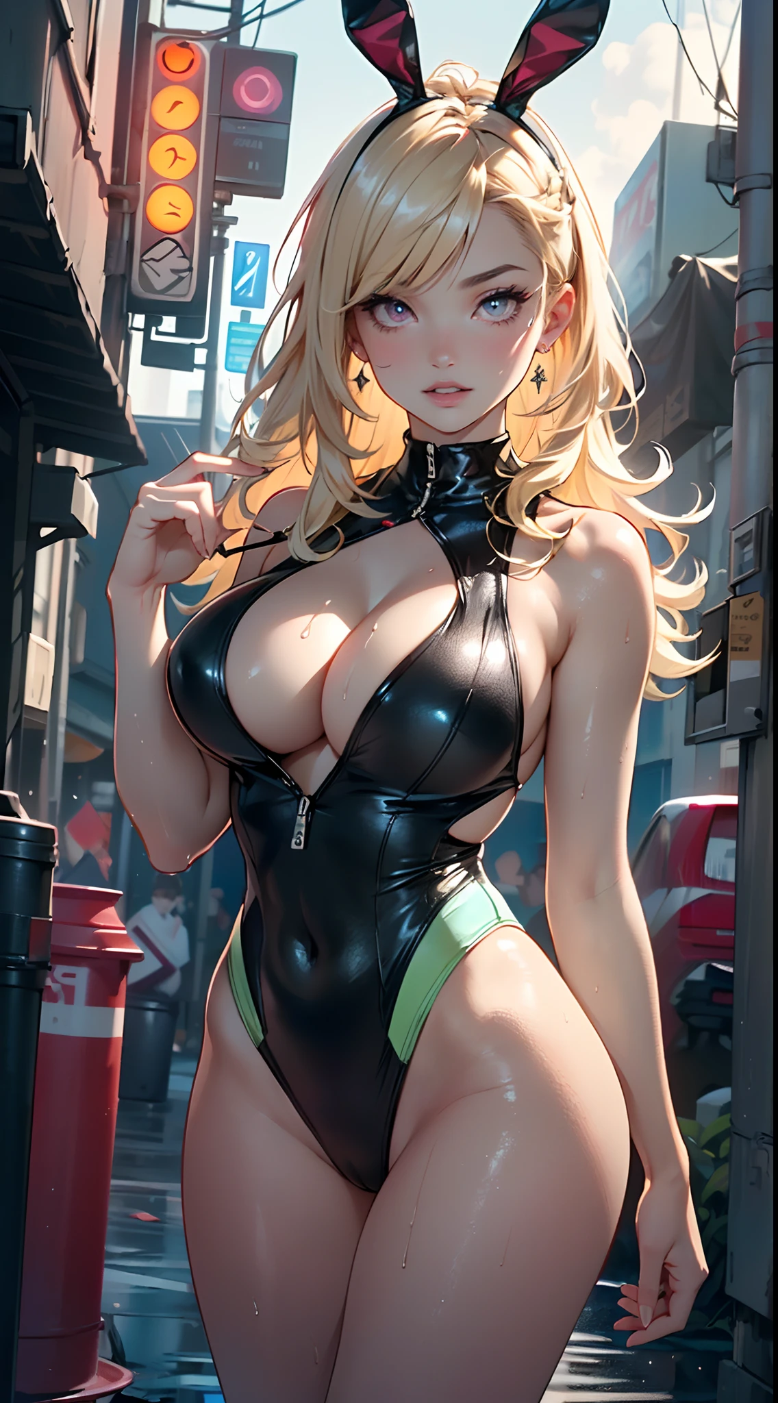 cute bunny girl,(((1girl))),((bunny girl with extremely cute and beautiful blonde hair)),(((bunny girl,anthro furry cute,bunny-girl))),(((bunny ears,bunny ears on head,big bunny ears))),

(large breasts:1.4),saggy breasts,(((blonde hair:1.35,colored inner hair,ear breathing,long hair))),(((neon_pink_eyes1.3))),intricate eyes,beautiful detailed eyes,symmetrical eyes,((fat)),(((lustrous skin:1.5,bright skin: 1.5,skin tanned,shiny skin,very shiny skin,shiny body,plastic glitter skin,exaggerated shiny skin,illuminated skin,wet legs))),(spider lower abdomen,narrow waist,wide hip,athletic body,inflated legs,detailed body,(detailed face)),

cute,slutty,seductive,erotic,(((nsfw))),

zettai ryouiki,((slingshot swimsuit black,wearing a slingshot swimsuit outfit:1.3,swimsuit type spacesuit,black armor swimsuit:1.3)),(((huge cleavage))),((wet clothes,intricate outfit,intricate clothes)),

(dynamic pose:1.0),solo focus,embarrassed,(centered,scale to fit dimensions,Rule of thirds),

cyberpunk city by the ocean at night, with bright neon signs and dark stormy clouds and puddles, scenery:1.25,

highres, sharp focus, (ultra detailed, extremely detailed), (photorealistic artwork:1.37),(extremely detailed CG unity 8k wallpaper),((synthwave background theme)),(((vibrant colors))),(intricate background),(masterpiece),(best quality),