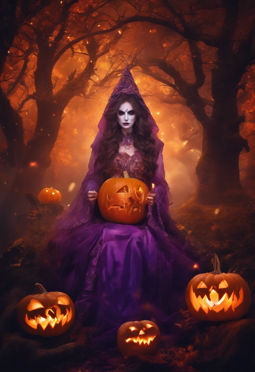 "(best quality, highres, ultra-detailed), The goddess of Halloween casting mystical glowing spells in a haunted forest, orange and purple hues, portraits, vivid colors, extreme detail description, sharp focus, physically-based rendering, studio lighting, horror, witch, magical, eerie atmosphere, swirling fog, ethereal glow, ancient trees, twisted branches, glowing pumpkins, moonlit sky, mysterious shadows, spellbinding, enchanting, hauntingly beautiful"