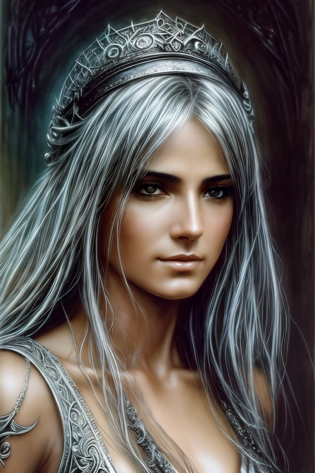 "Crie um retrato de um (((homem))) inspirado no artista Luis Royo. Emule o estilo único de Royo, capturando detalhes intrincados, e um toque de fantasia. Ensure that the portrait embodies the essence of Luis Royo's art."