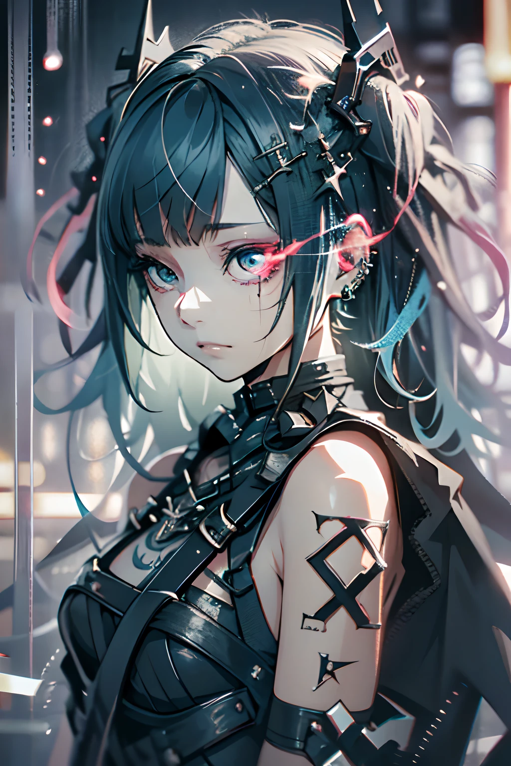 goth_punk, 1girl in, 独奏,、top-quality, Photorealistic, An ultra-fine illustrations, beautiful attractive anime girl, miku hatsune, Slender body, Tied hair, one girls, a photo of girl, Full body shot, Beautiful blue eyes, Turned,耳Nipple Ring、hair adornments、jewely、 Red Flame Eye, Red-eye trajectory, Eye of Fire, Eye trajectory,