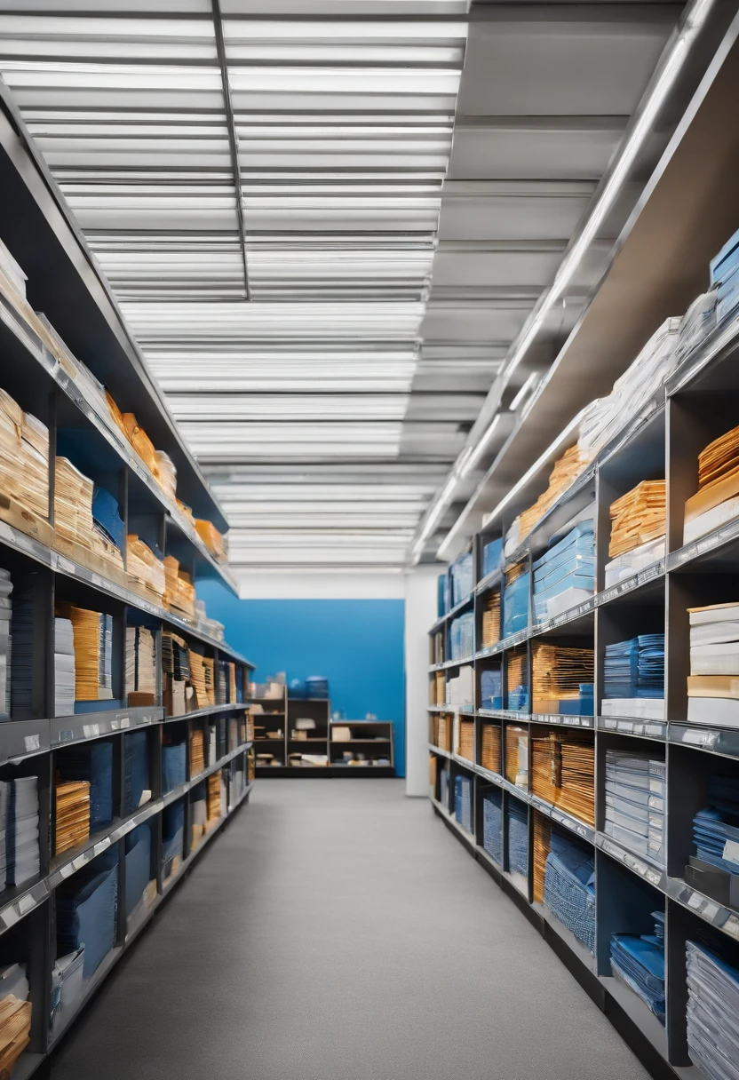 /imagine prompt: The letterhead of an office supply store, com um logotipo moderno de tons de azul e cinza, apresentando canetas, pencils and papers arranged in an organized manner, soft lighting highlighting the products, Fotografia, DSLR camera with standard lens, --ar 16:9 --v 5