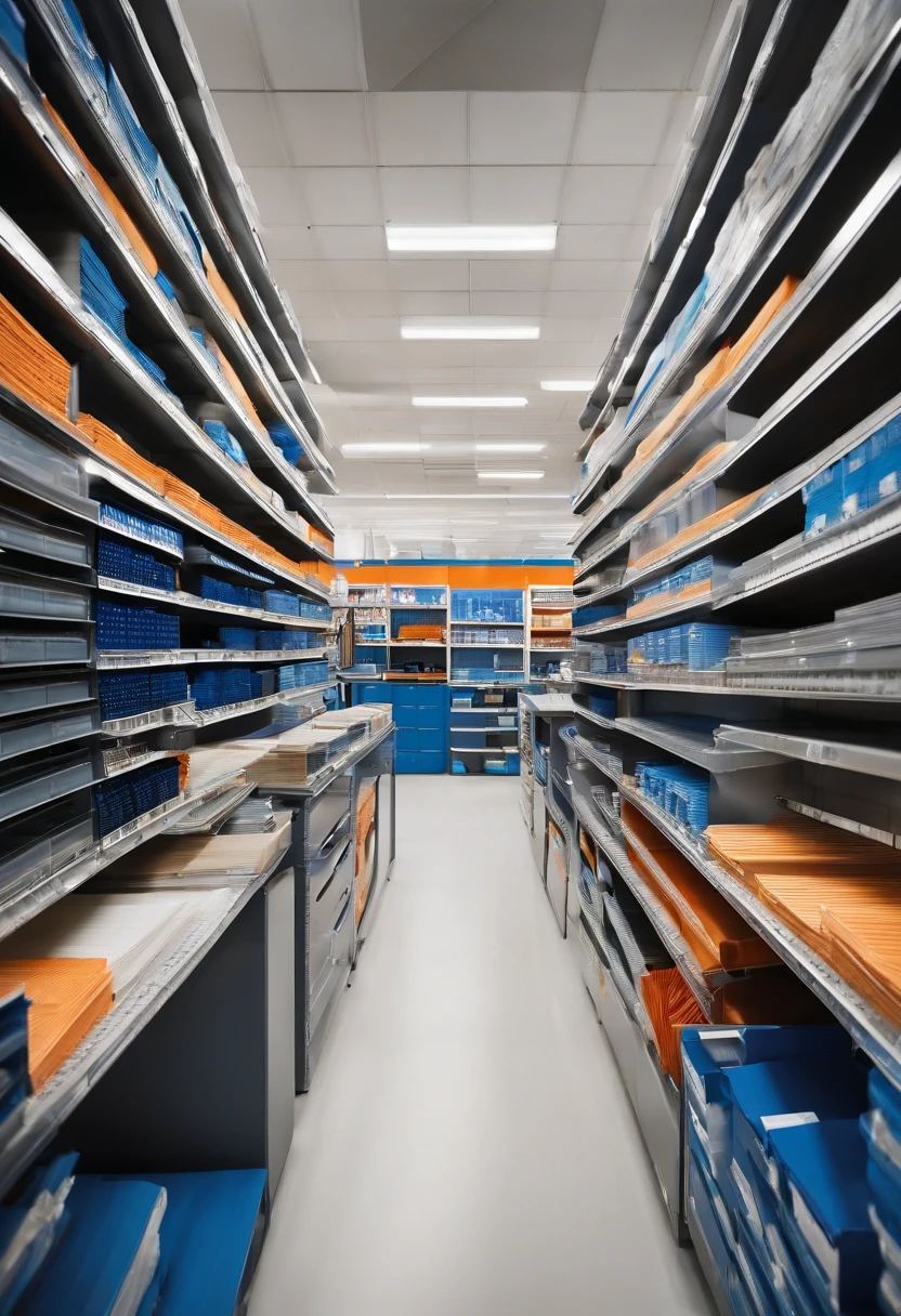 /imagine prompt: The letterhead of an office supply store, com um logotipo moderno de tons de azul e cinza, apresentando canetas, pencils and papers arranged in an organized manner, soft lighting highlighting the products, Fotografia, DSLR camera with standard lens, --ar 16:9 --v 5