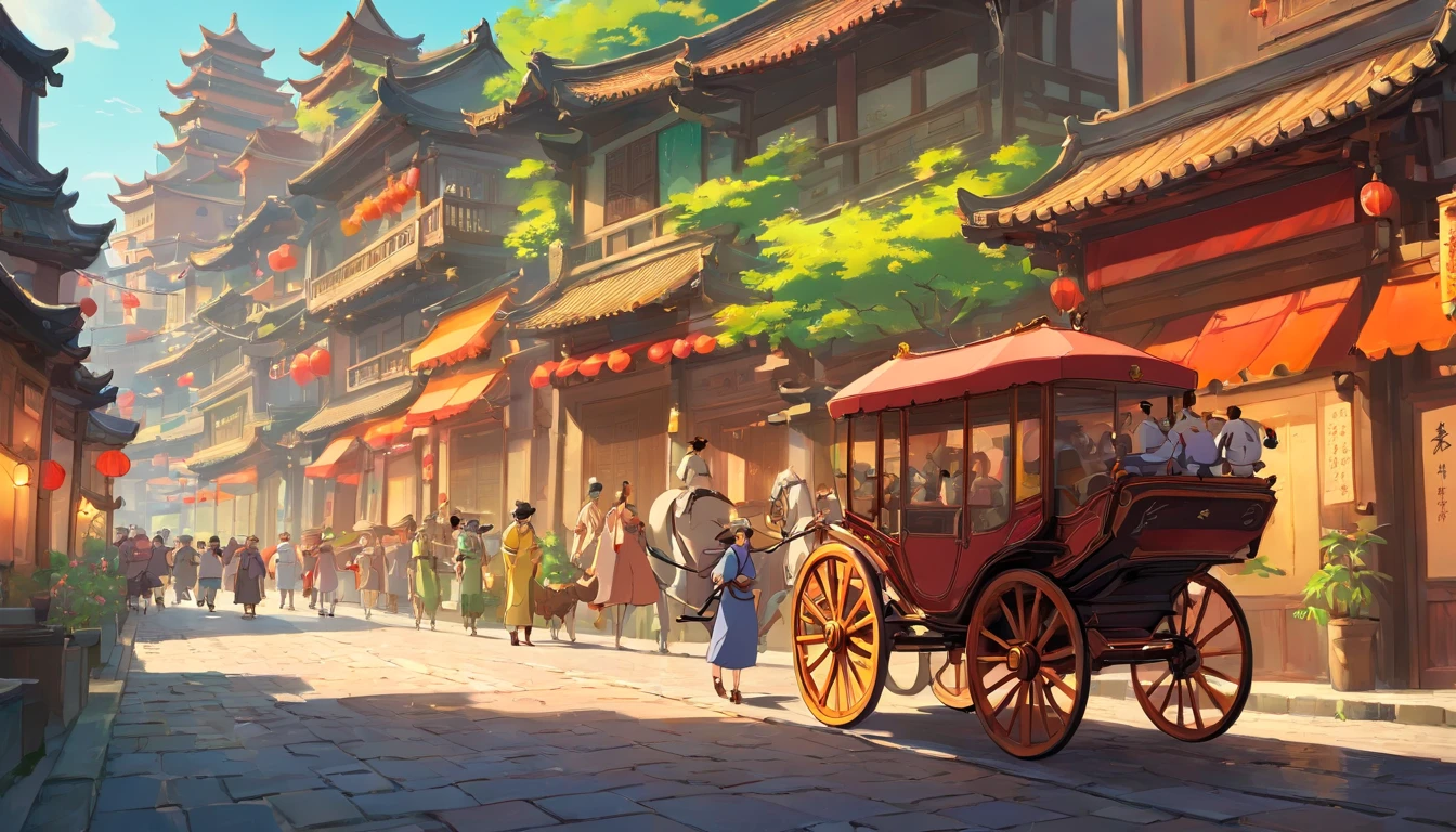 A bustling ancient Chinese city，A carriage is slowly approaching，4K，super-fine，tmasterpiece，high qulity，Facing the lens，ultra-wide-angle