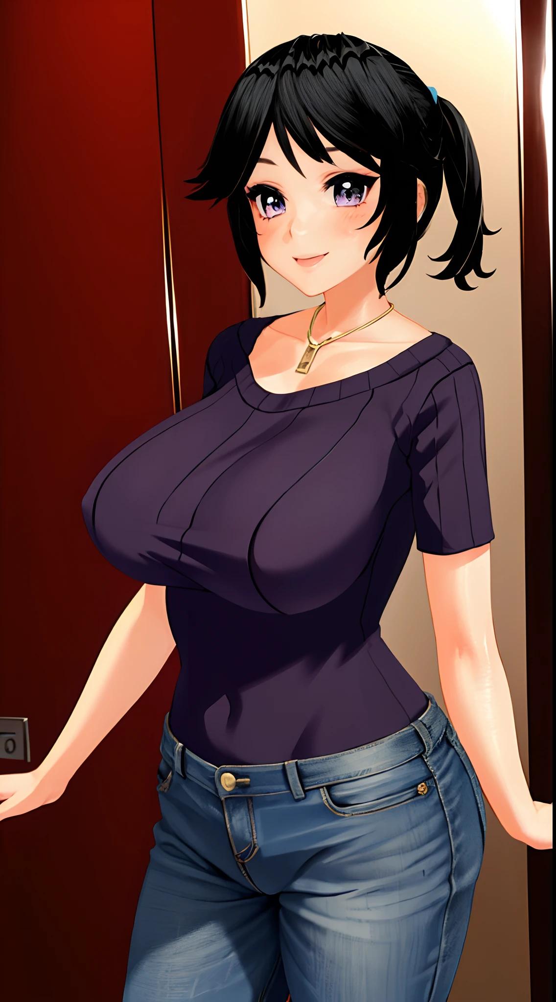 1mujer, Cabello largo trenzado oscuro, purple eyes, pecho grande, Camiseta vestida con cuello en V y denim, Smiling and shy, en su sala de estar, Abriendo la puerta.