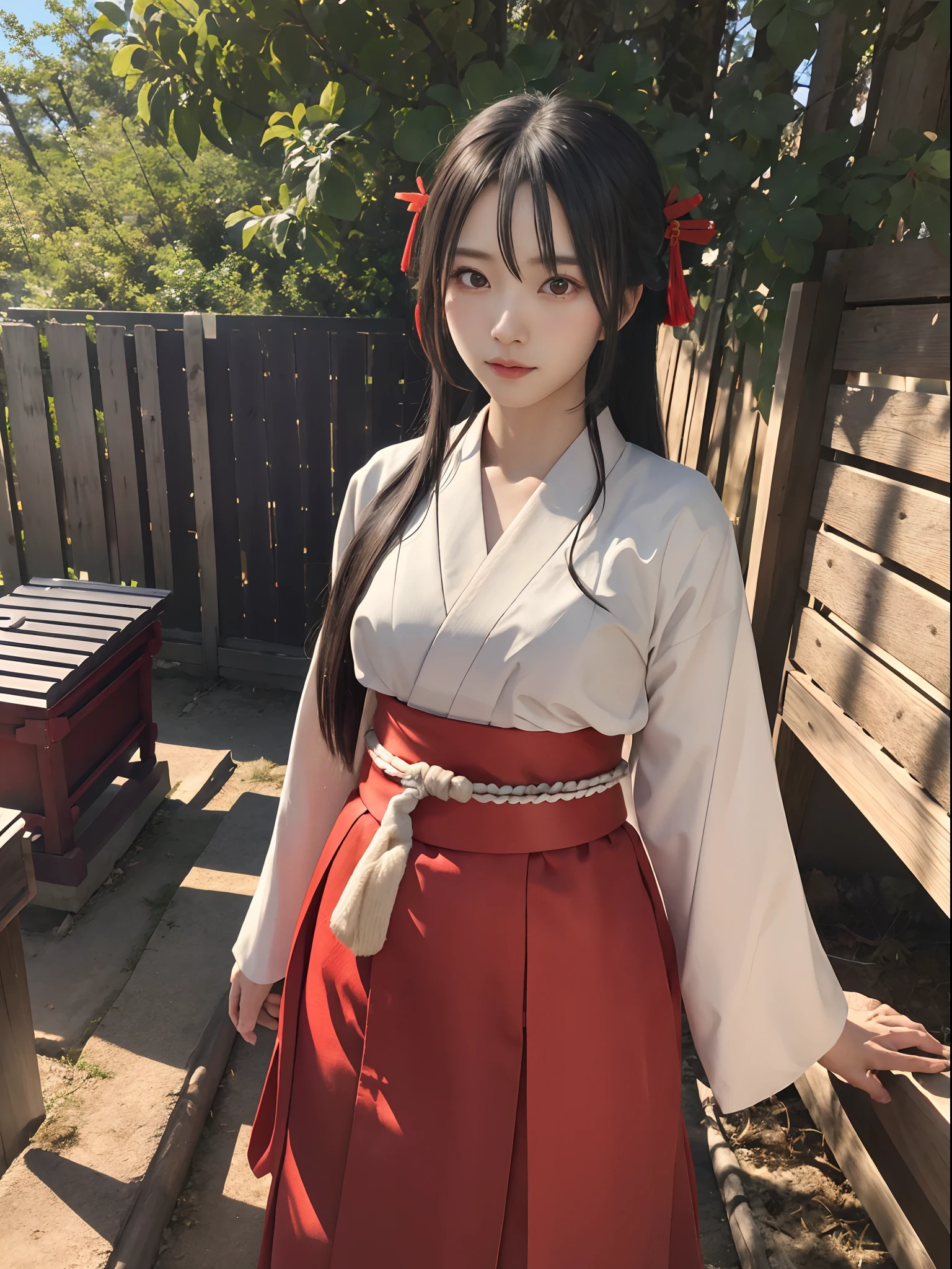 masutepiece, Best Quality, hight resolution, Awakoto, Long hair, Ahoge, shrine maiden, komono, Hakama, Red skirt, Outdoors, Standing, Cowboy Shot, Arms at sides, Looking at Viewer,