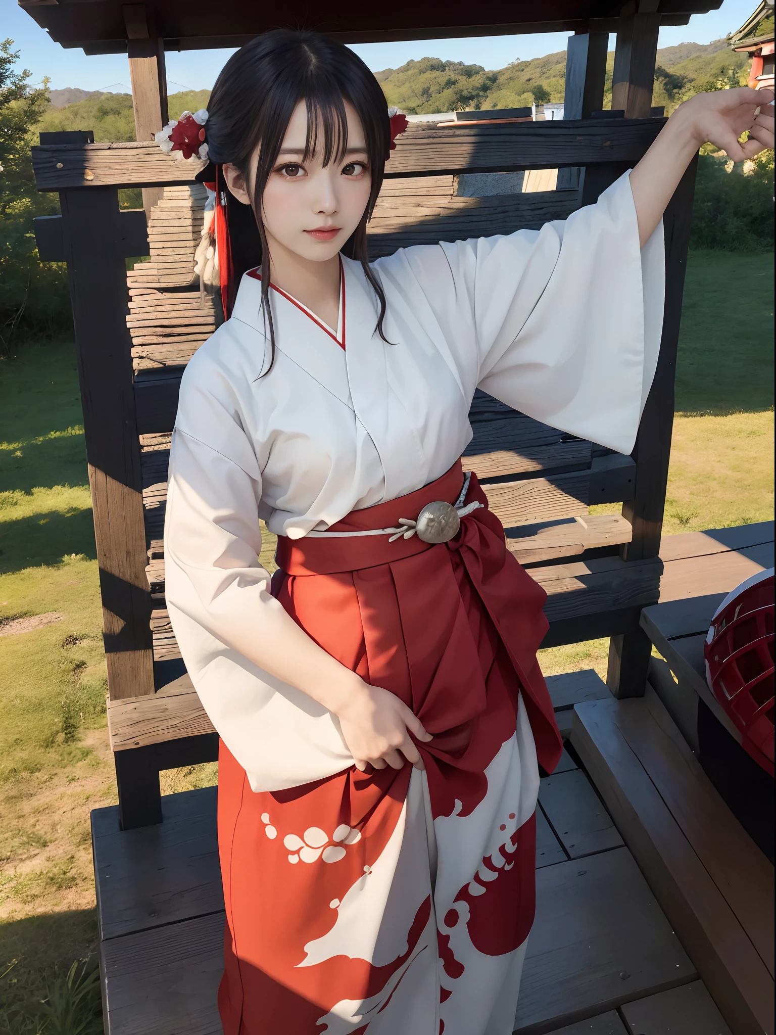 masutepiece, Best Quality, hight resolution, Awakoto, Long hair, Ahoge, shrine maiden, komono, Hakama, Red skirt, Outdoors, Standing, Cowboy Shot, Arms at sides, Looking at Viewer,