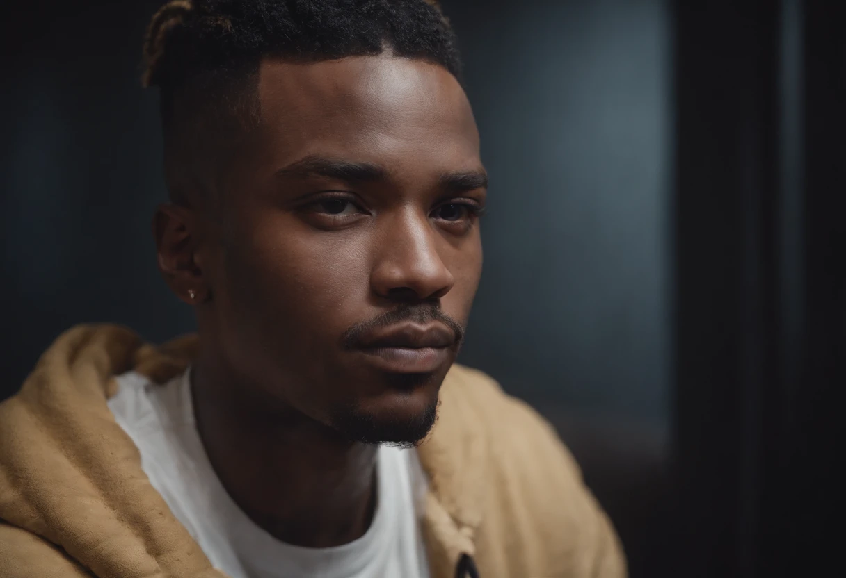 rapper negro, cabelo curto crespo, Facing the camera squarely, dentro de um quarto escuro, closeup