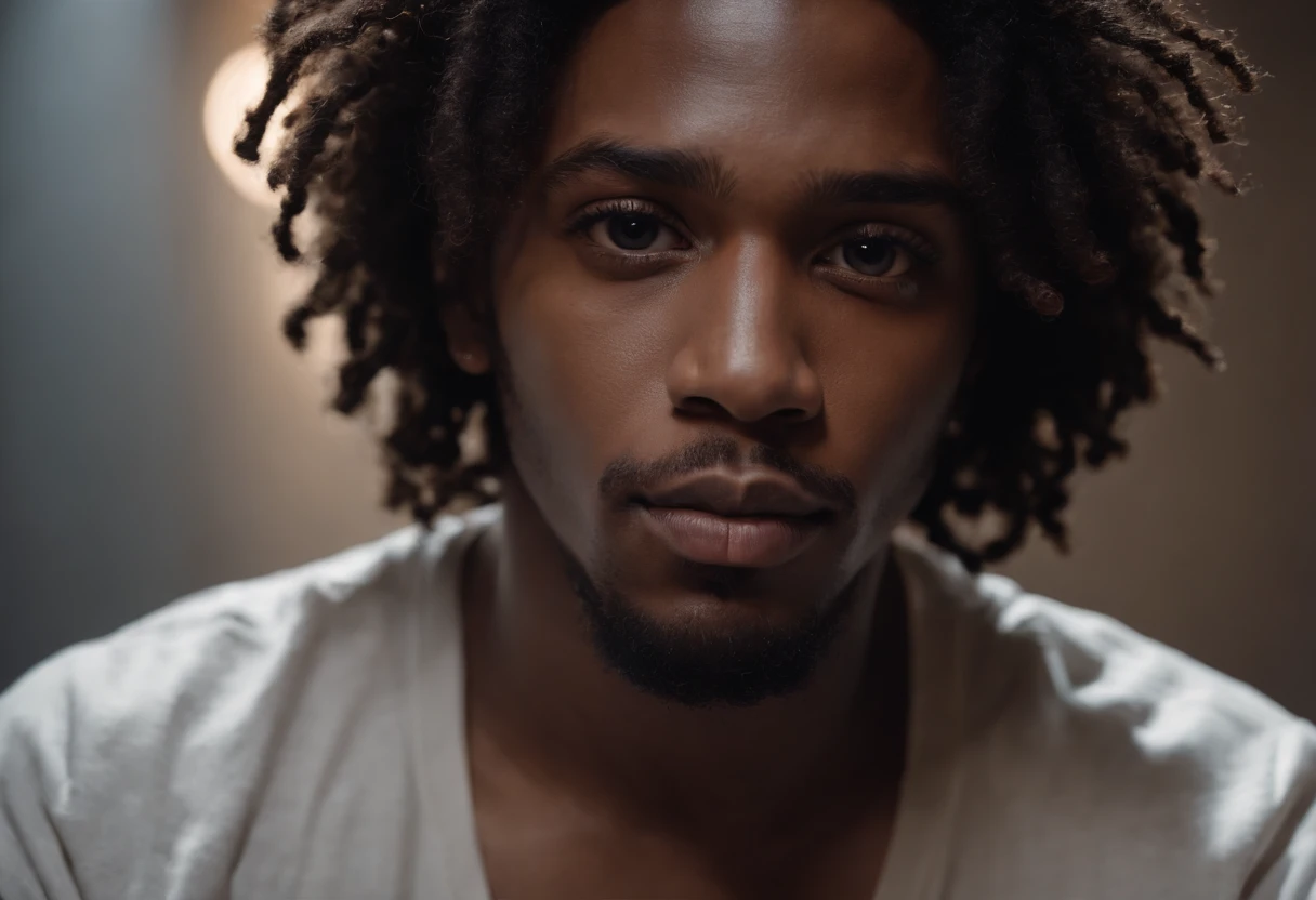 rapper negro, cabelo curto crespo, Facing the camera squarely, dentro de um quarto escuro, closeup