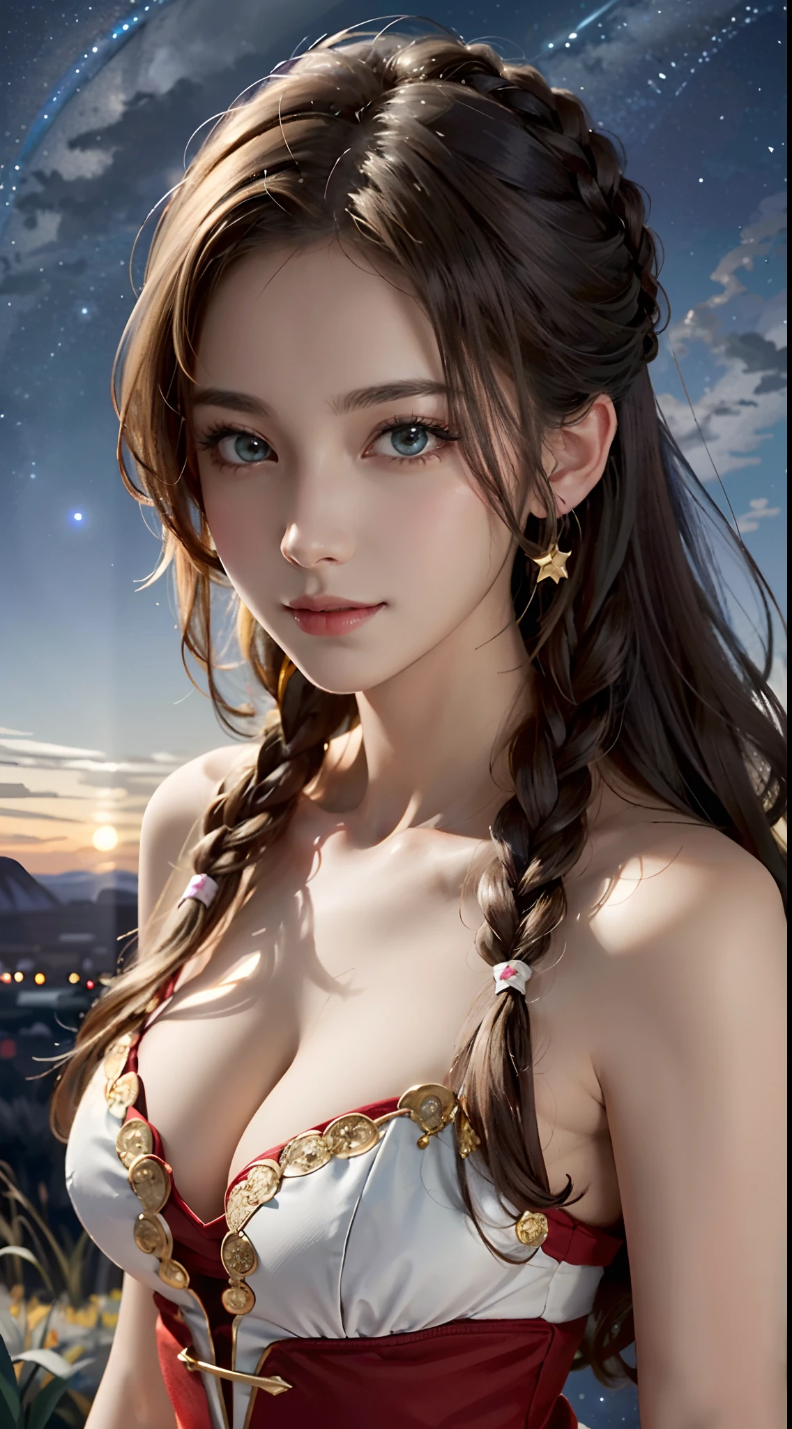 Trends on ArtStation, Trends on CGSociety, Intricate, High Detail, Sharp Focus, f 1.8, Dramatic, starry night sky, Aerith Gainsborough of Final Fantasy, pretty smile, mature looking, alluring, Aerith's original Final fantasy 7 costume, 25 years old, mature looking, Realistic Art of Drawing by Midjourney and Greg Rutkowski, Sketch, Masterpiece, Best Quality, Very Detailed, 1female, Half-body, head to bust image scope, close-up shot, beautiful red dress, standing position, Beautiful Meticulous Eyes, Cute Face, Bust, big bossoms, Beautiful Meticulous Face, White Hair, (Botanical Illustration: 1.5), no pornographical exposure, bigger breasts
Waitin